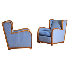 Pair Continental Late Art Deco Light Walnut 
Upholstered Bergeres, ca. 1940