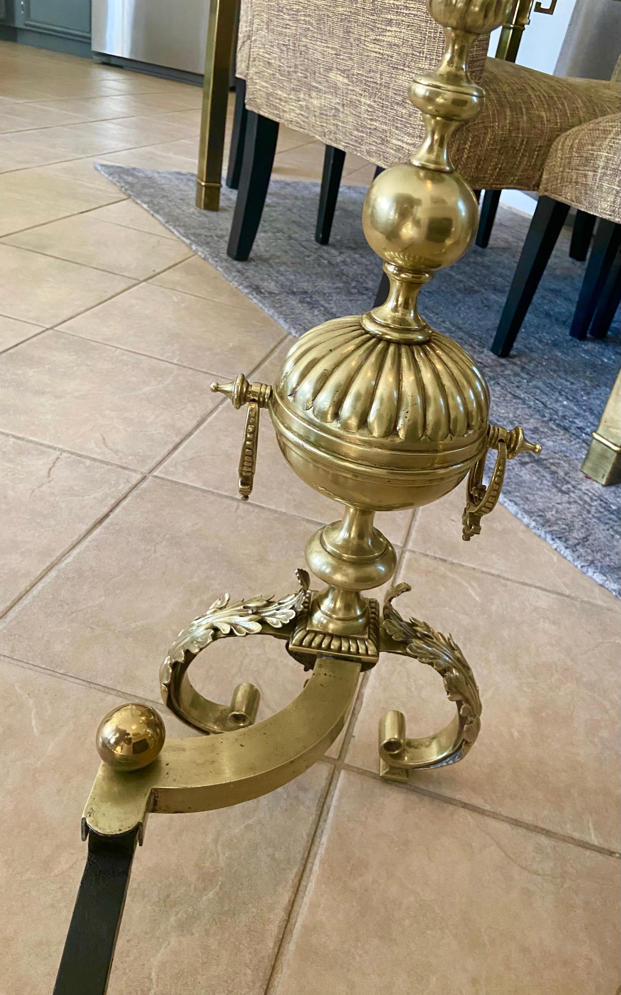 Pair Continental Neoclassic Brass Baluster Flame Andirons For Sale 5