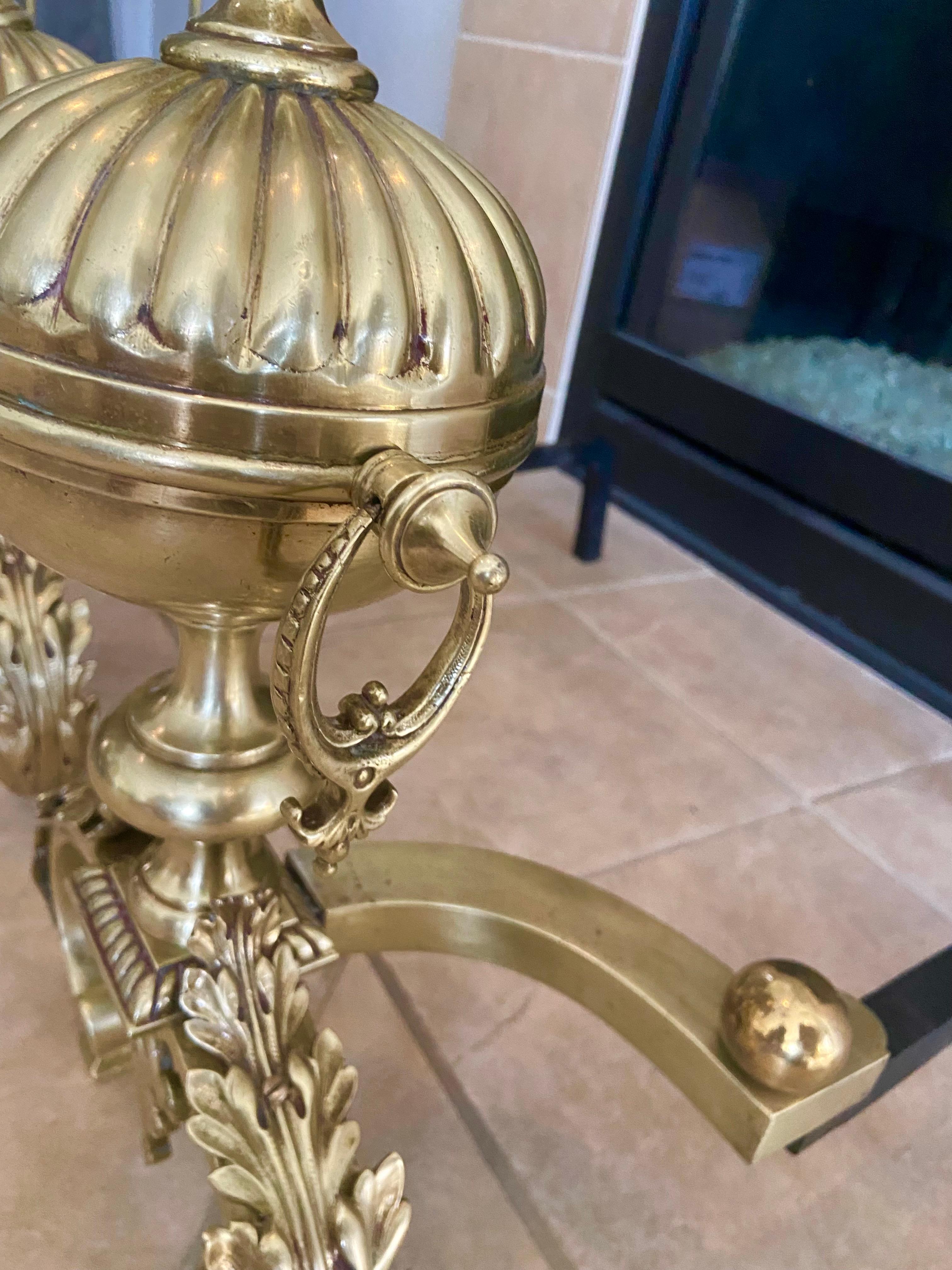 Pair Continental Neoclassic Brass Baluster Flame Andirons For Sale 7