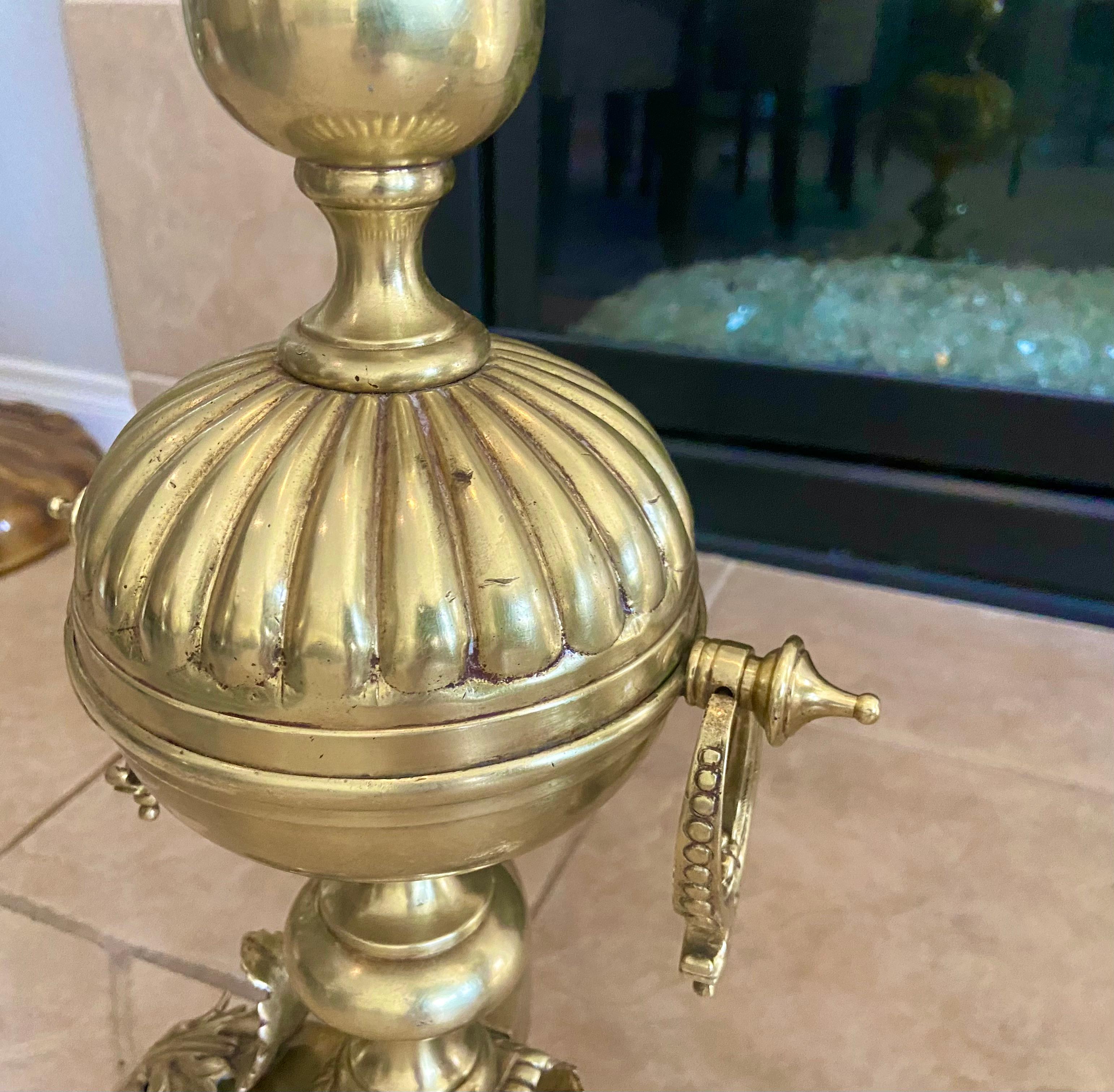 Pair Continental Neoclassic Brass Baluster Flame Andirons For Sale 9