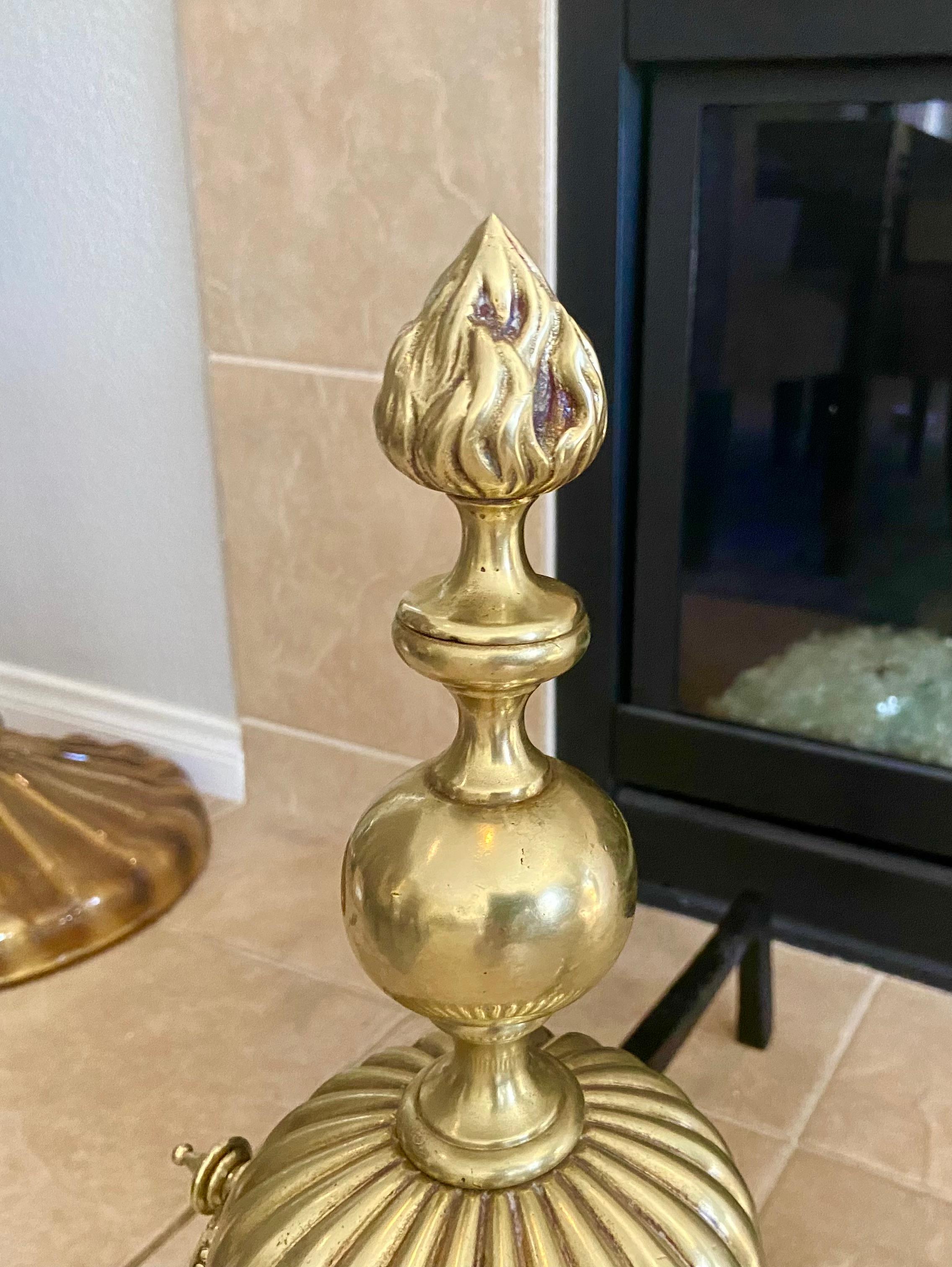 Pair Continental Neoclassic Brass Baluster Flame Andirons For Sale 10