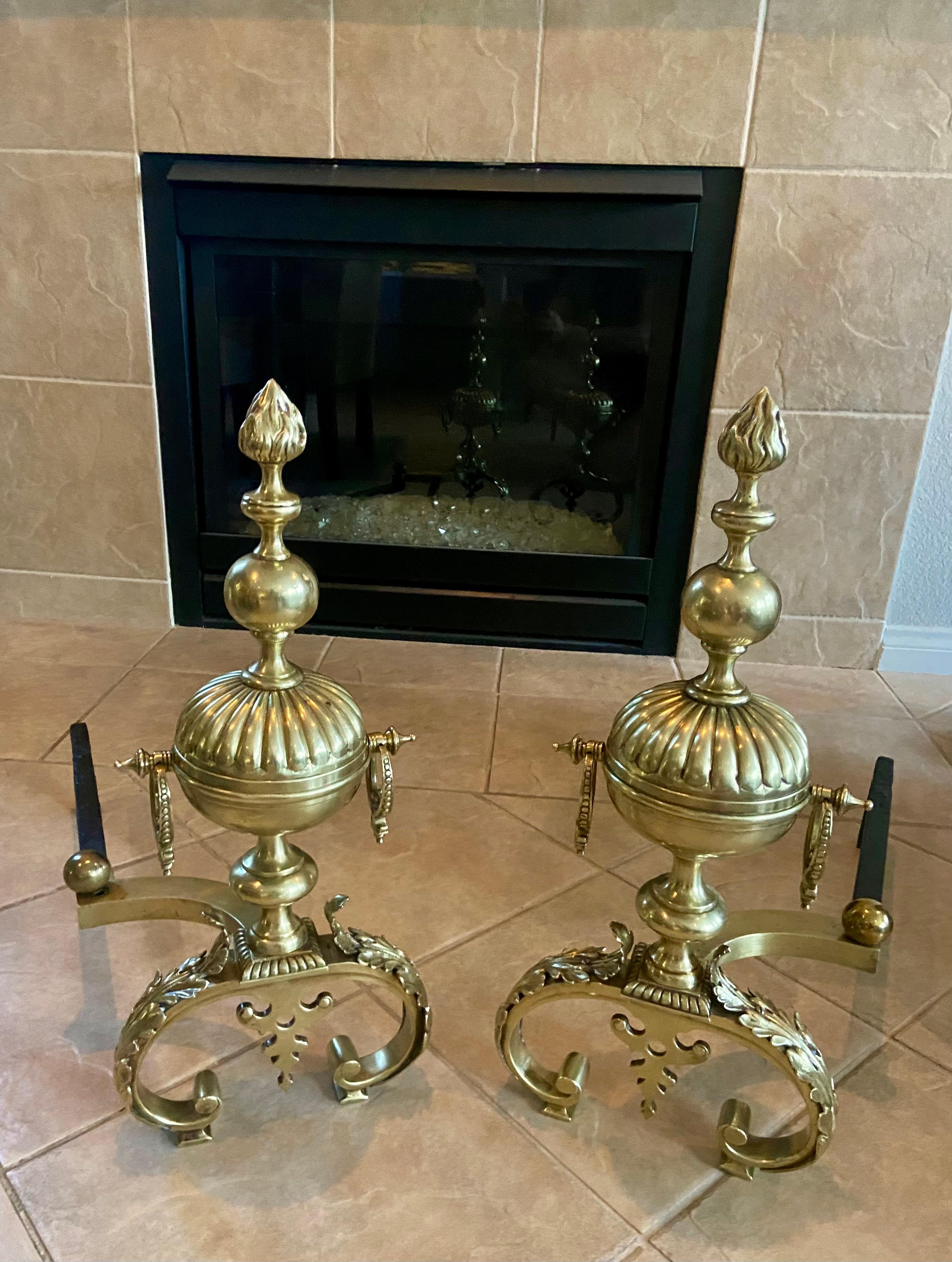 Pair Continental Neoclassic Brass Baluster Flame Andirons For Sale 11