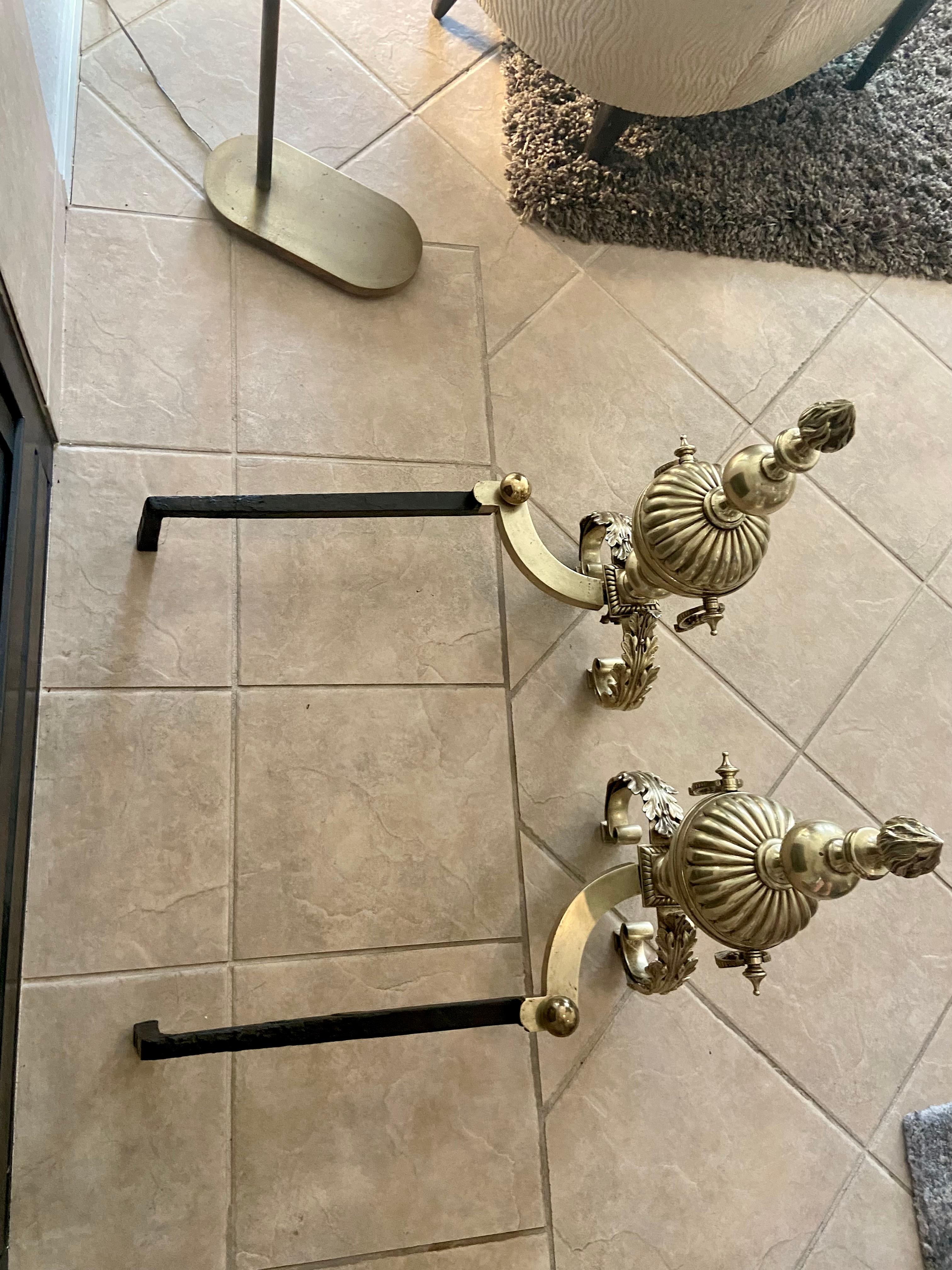 Pair Continental Neoclassic Brass Baluster Flame Andirons For Sale 12