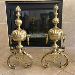 Pair Continental Neoclassic Brass Baluster Flame Andirons