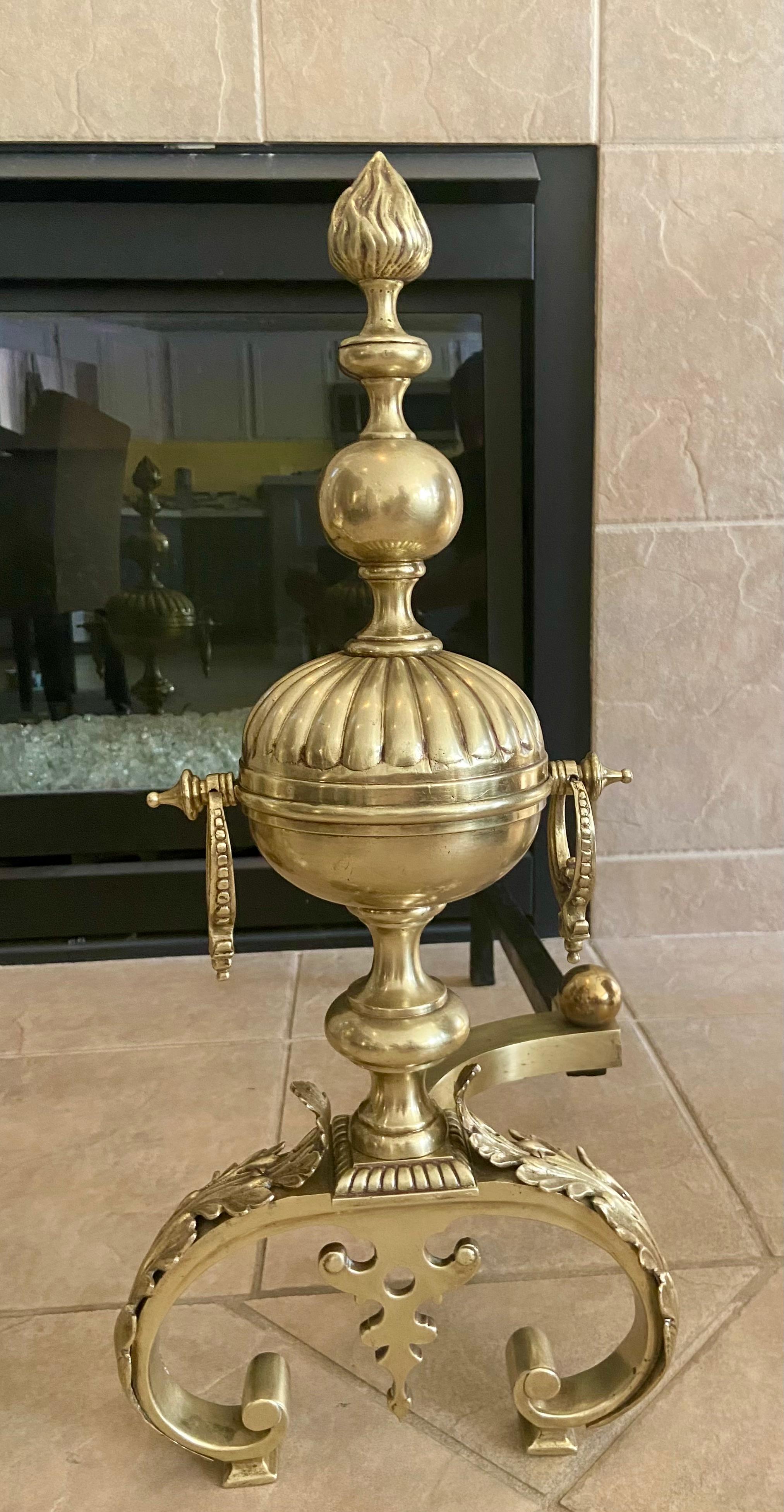 European Pair Continental Neoclassic Brass Baluster Flame Andirons For Sale