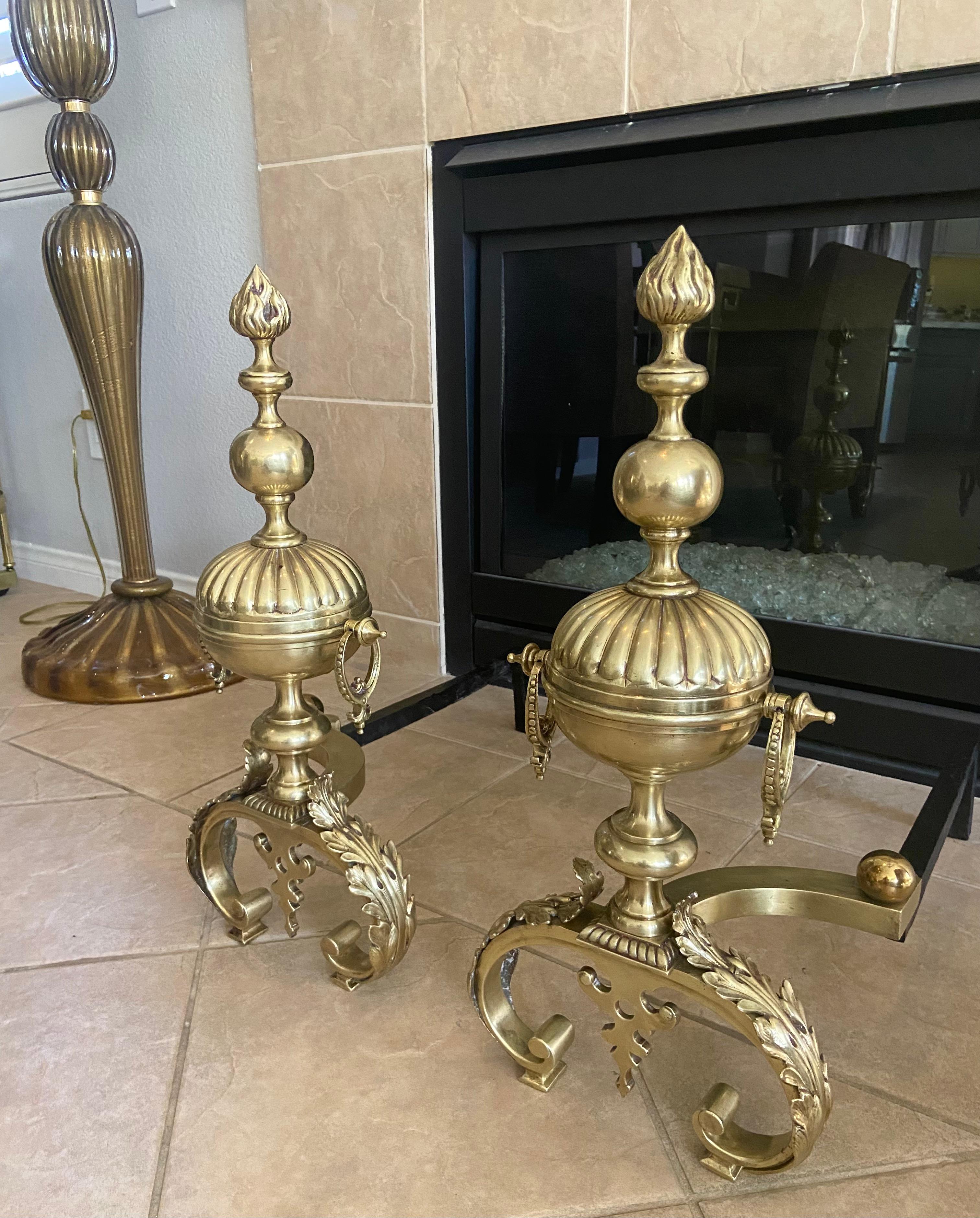 Pair Continental Neoclassic Brass Baluster Flame Andirons In Good Condition For Sale In Palm Springs, CA