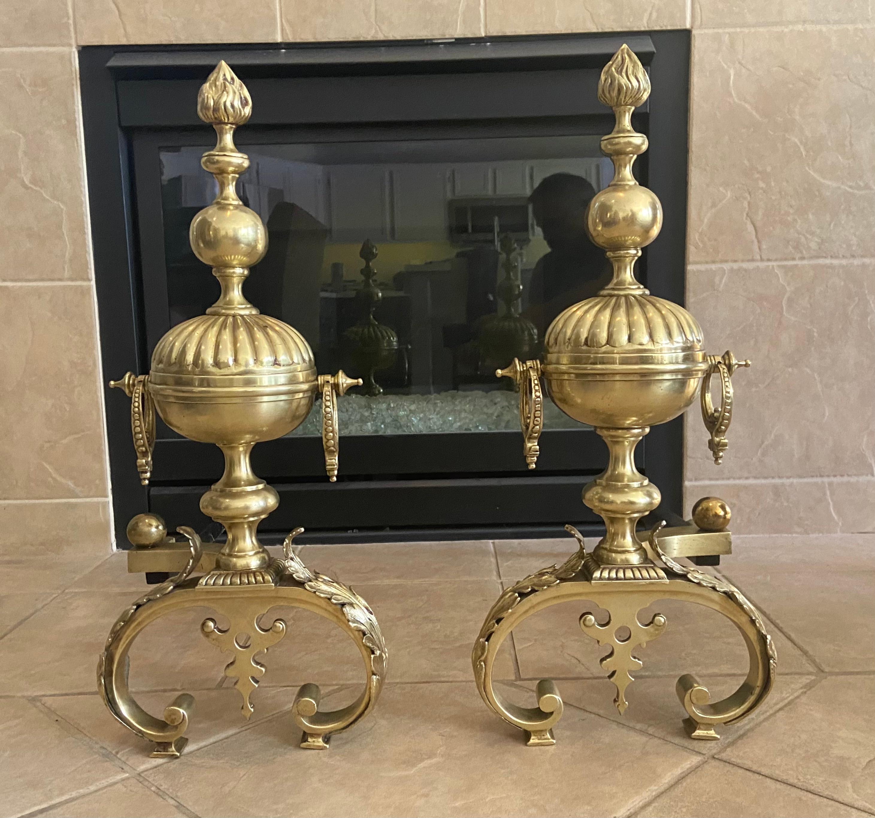 19th Century Pair Continental Neoclassic Brass Baluster Flame Andirons For Sale