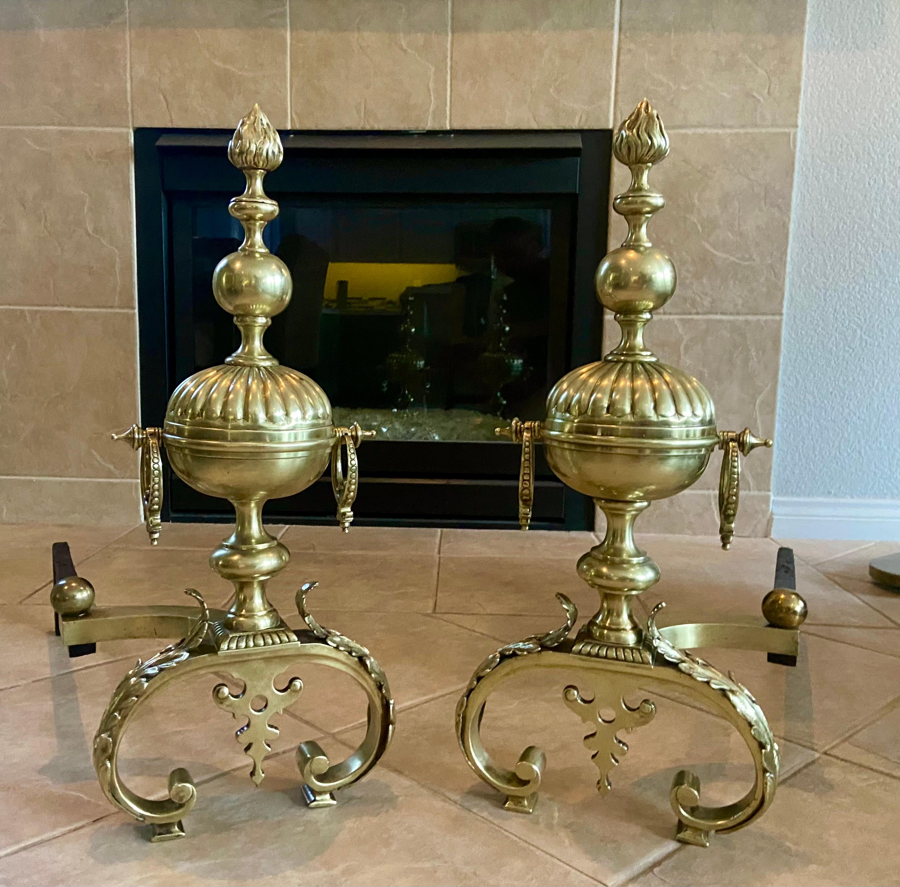 Pair Continental Neoclassic Brass Baluster Flame Andirons For Sale 2