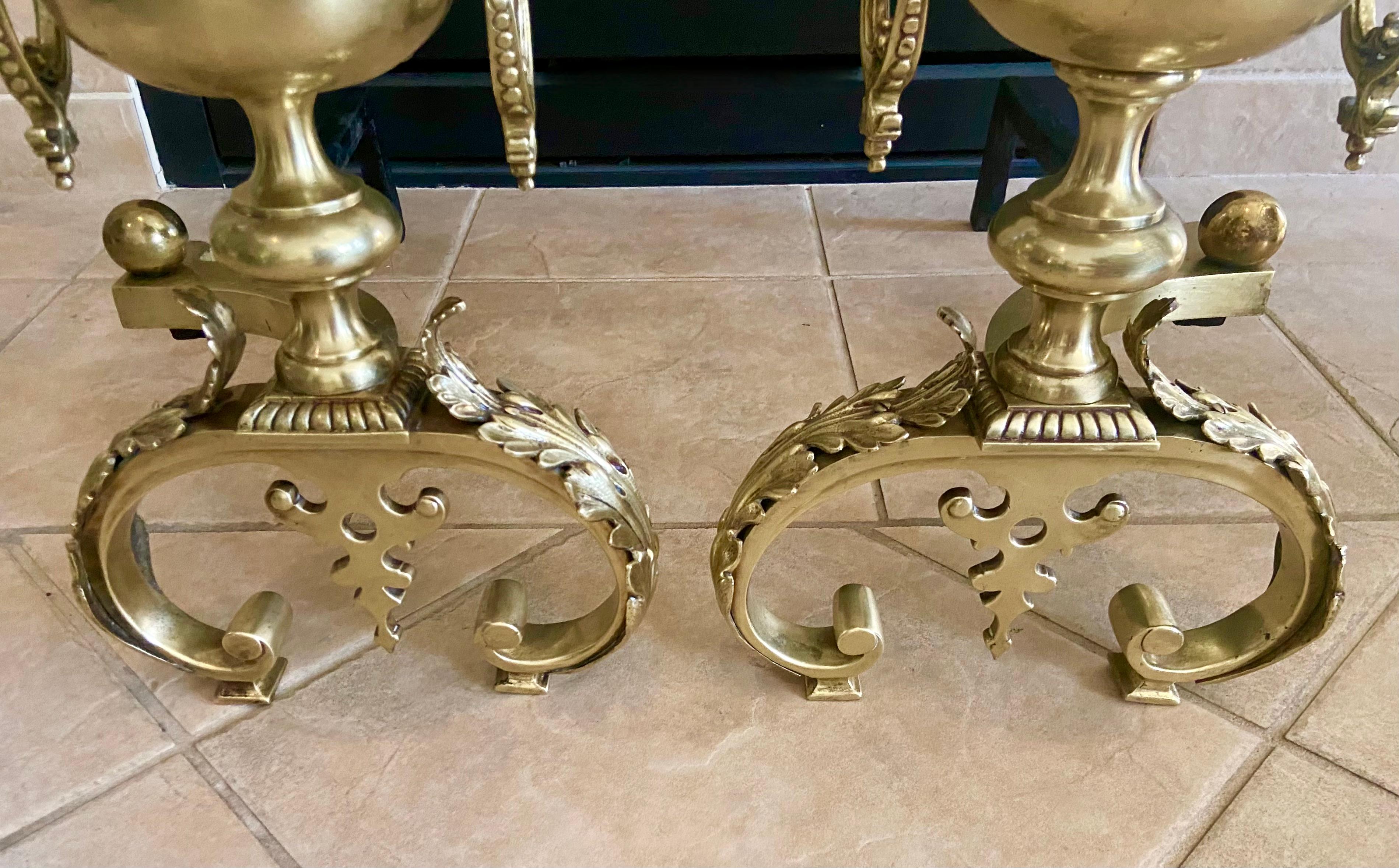 Pair Continental Neoclassic Brass Baluster Flame Andirons For Sale 3