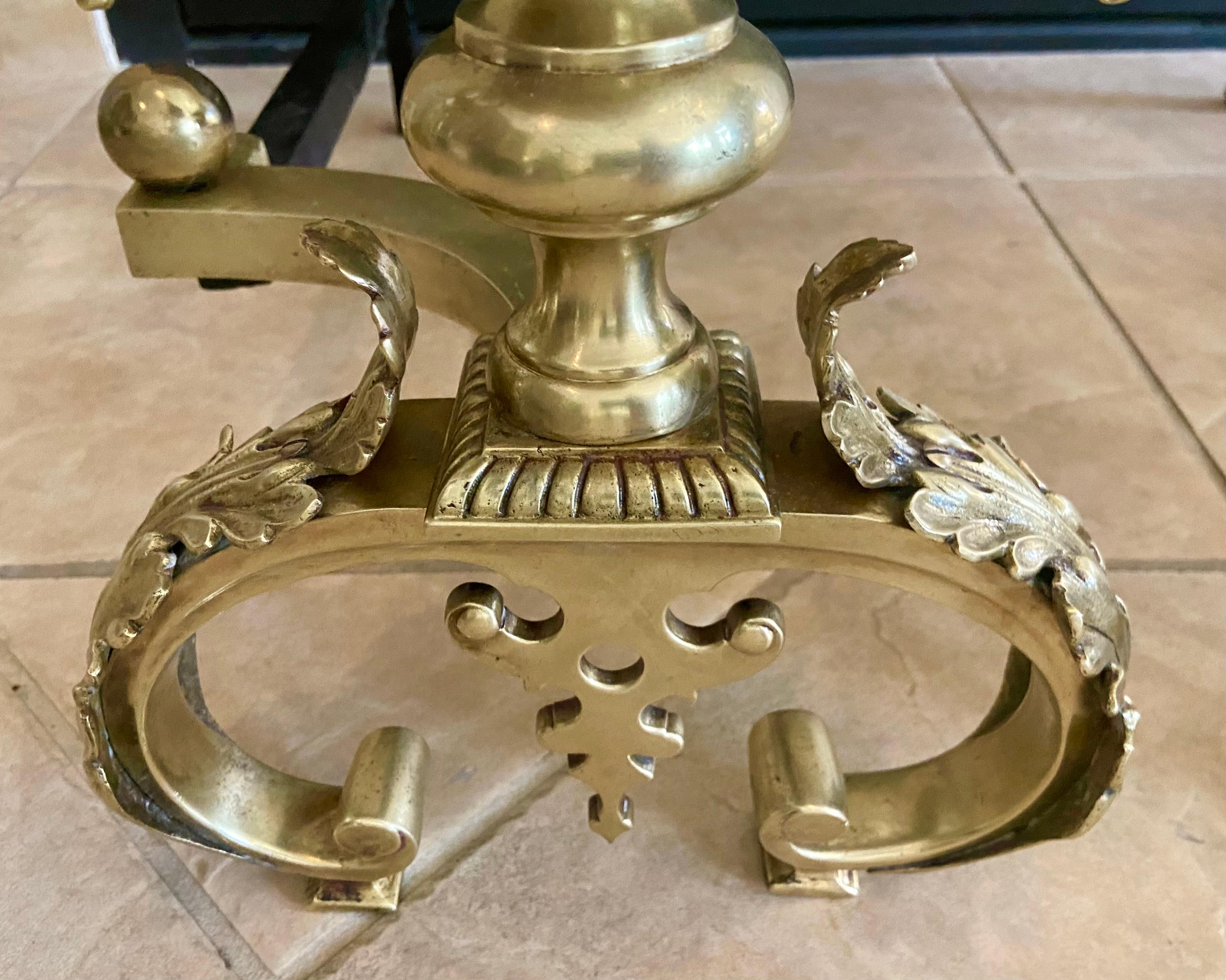 Pair Continental Neoclassic Brass Baluster Flame Andirons For Sale 4