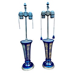Pair Continental Parcel Gilt Cobalt Glass Vases Mounted as Lamps, Circa 1880s
