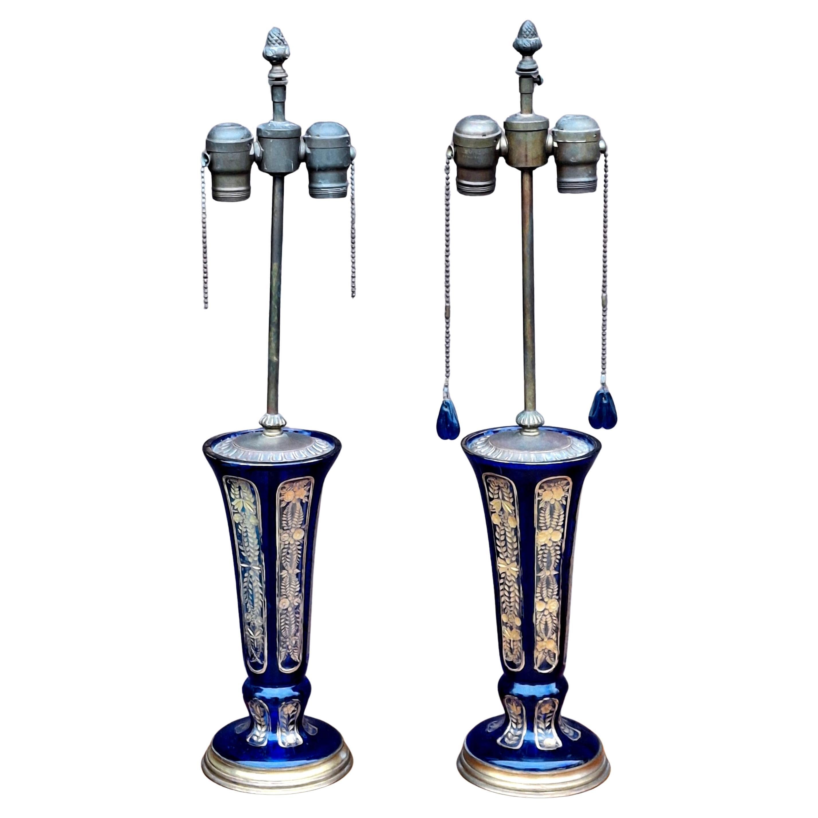 Pair Continental Parcel Gilt Cobalt Glass Vases Mounted as Lamps, Circa 1880s