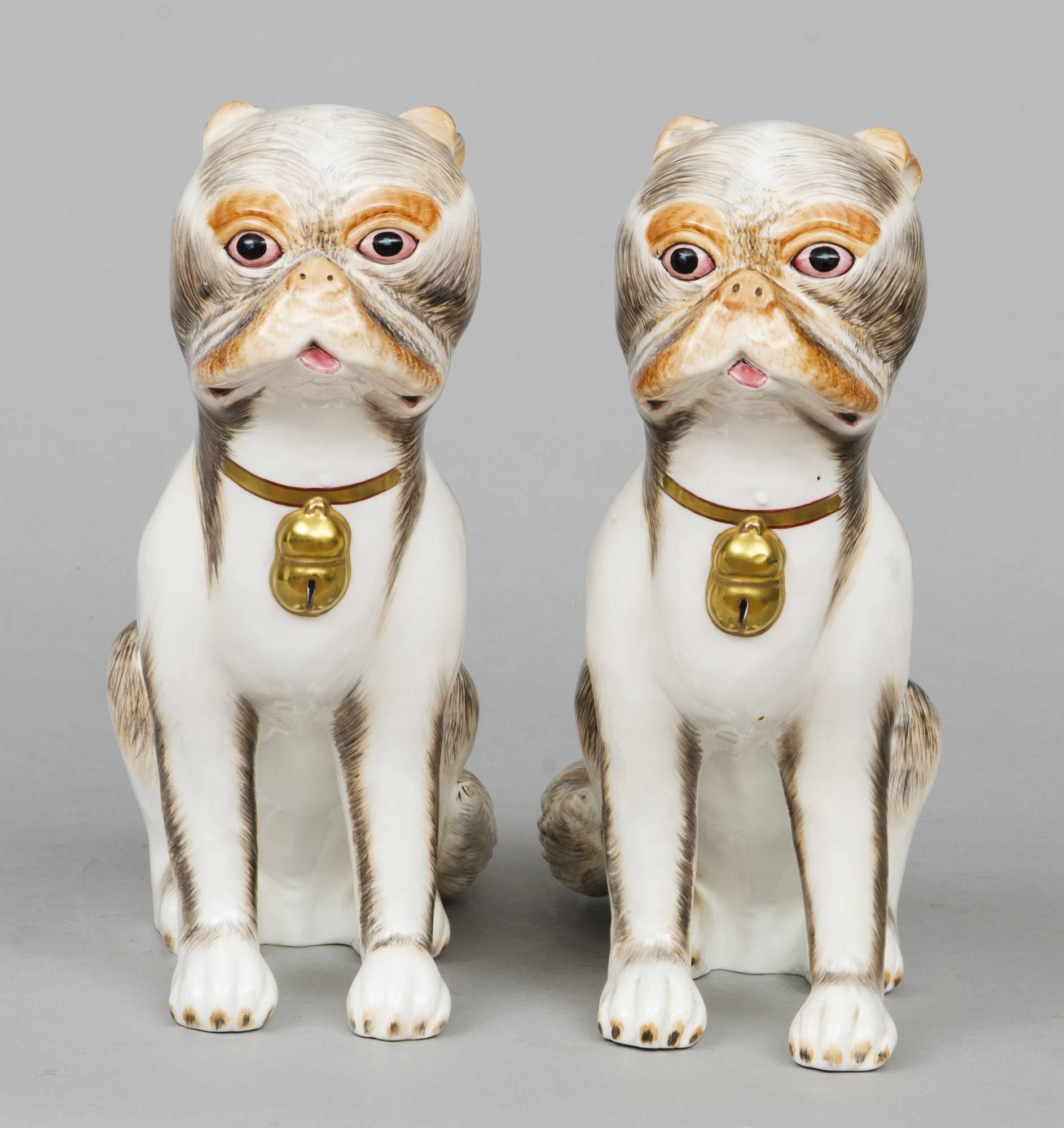 Pair of continental porcelain pug dogs sitting on their haunches, having separated legs and wearing gilded collars and bells.

   