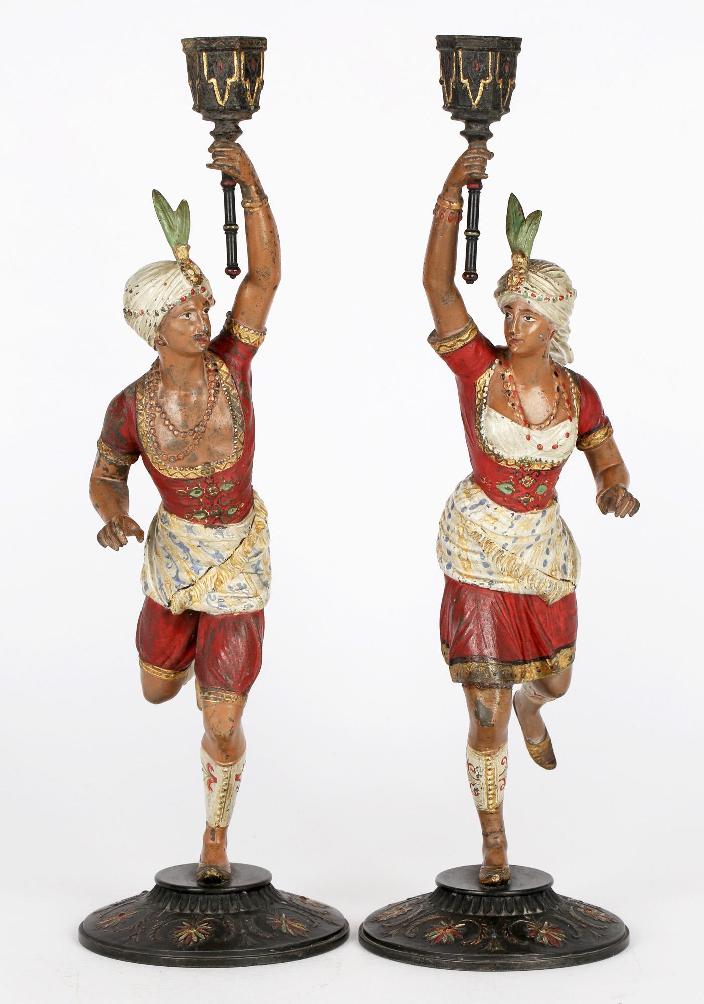 Pair Continental, Probably French, Cold Painted Metal Figural Candlesticks For Sale 12