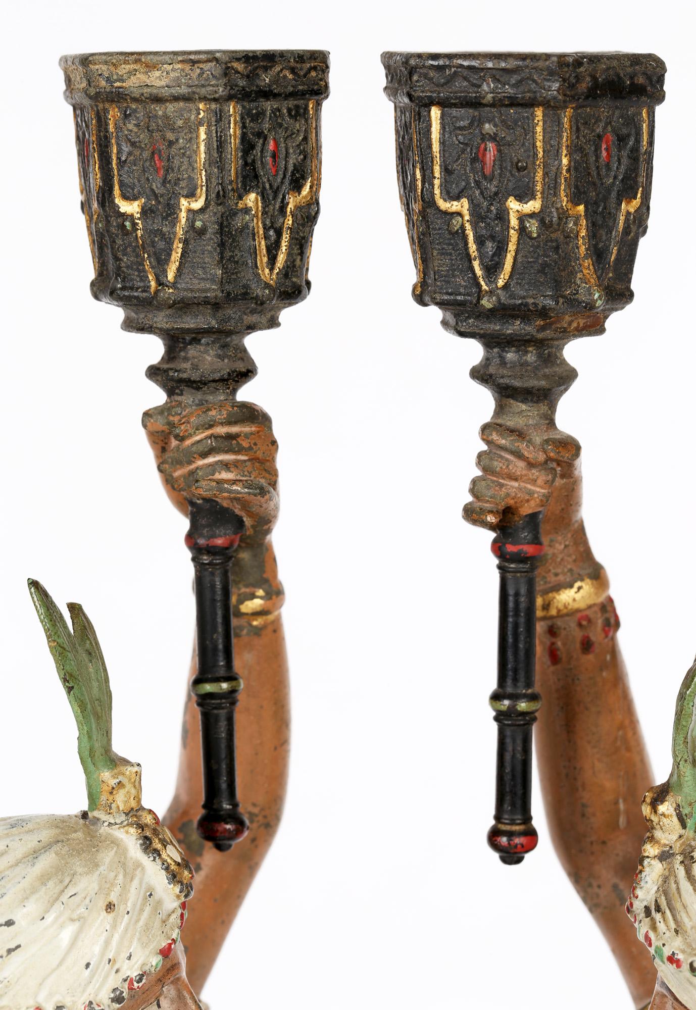 Hand-Painted Pair Continental, Probably French, Cold Painted Metal Figural Candlesticks For Sale