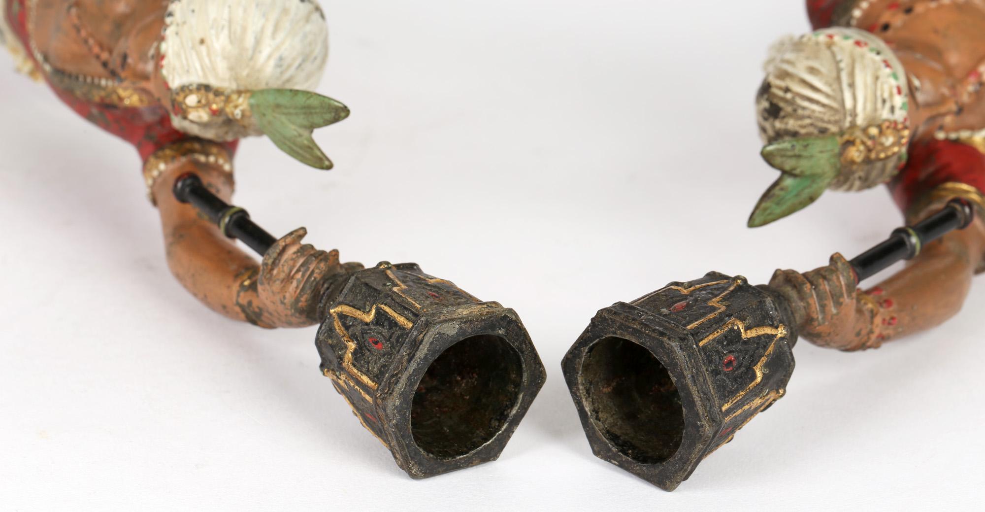 Early 20th Century Pair Continental, Probably French, Cold Painted Metal Figural Candlesticks For Sale