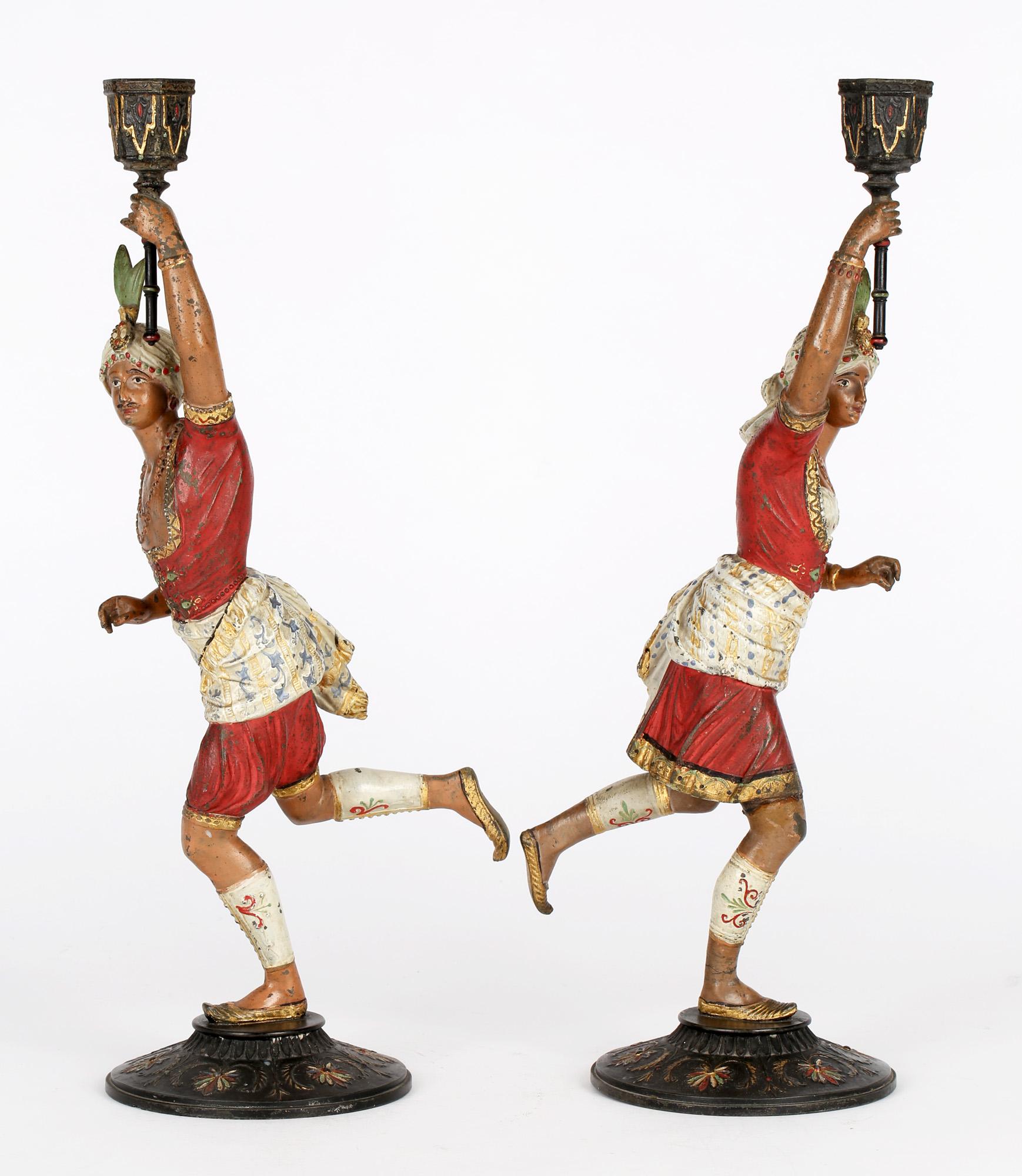 Spelter Pair Continental, Probably French, Cold Painted Metal Figural Candlesticks For Sale