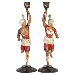 Vintage Pair Continental, Probably French, Cold Painted Metal Figural Candlesticks