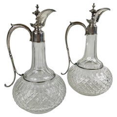 Antique Pair Continental Silver and Cut Crystal Claret Jugs