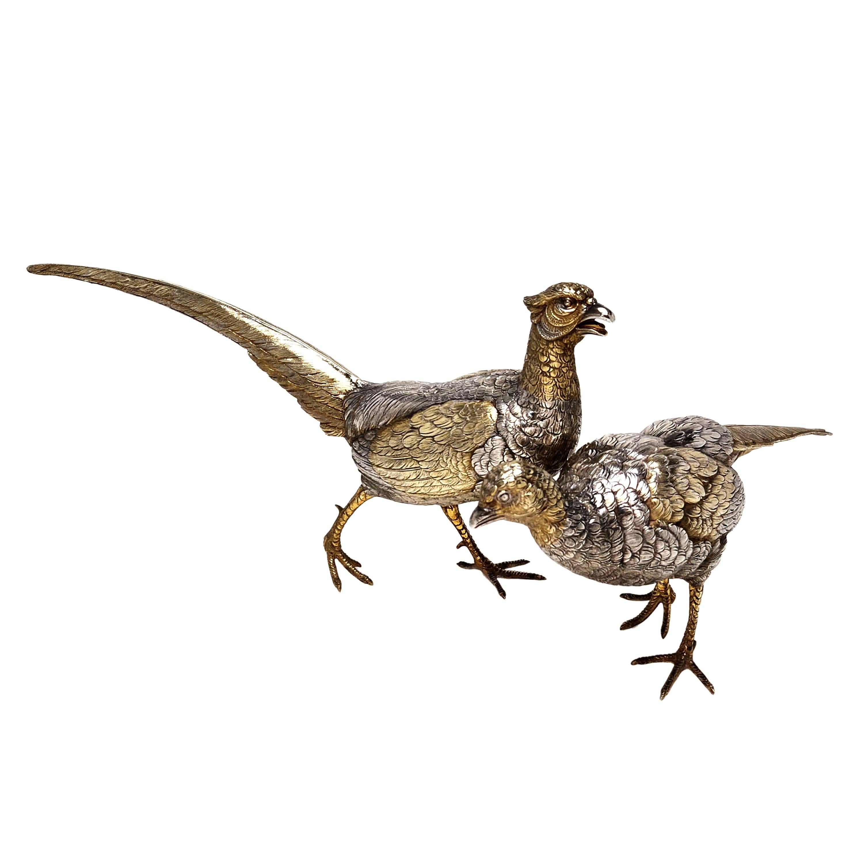European Pair Continental Silver Model Pheasants Table Bird Figures, circa 1920