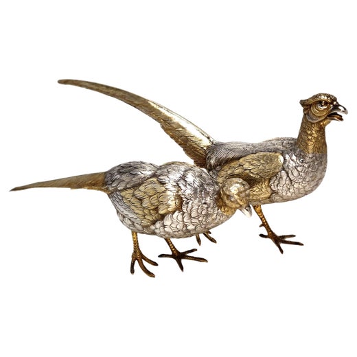 Pair Continental Silver Model Pheasants Table Bird Figures c. 1920