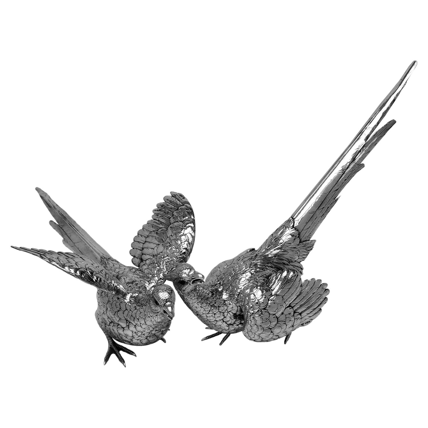 Pair Continental Silver Model Table Pheasants Bird Sculptures, 1962