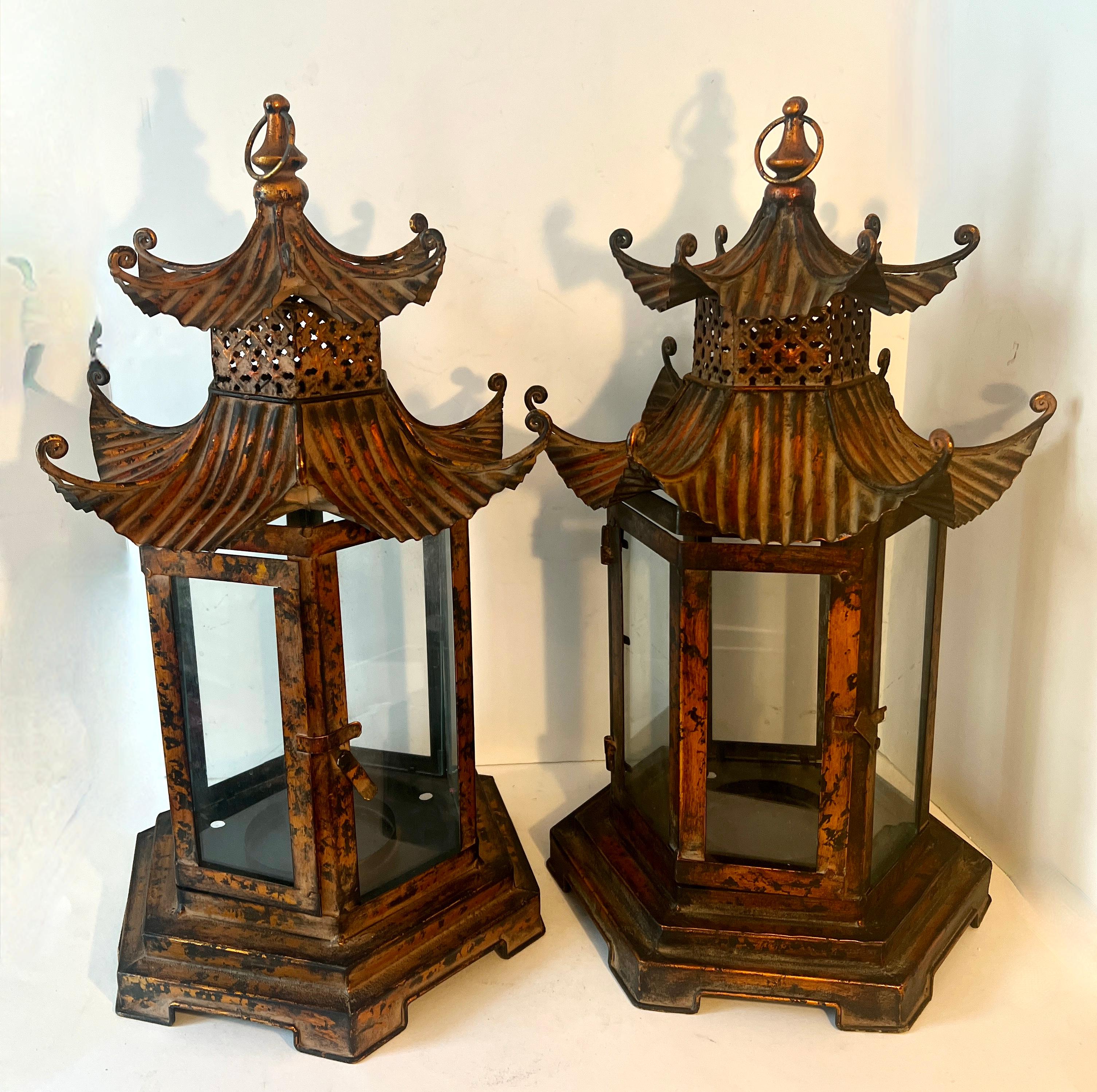 Anglo-Japanese Pair Copper Finish Metal Pagoda Lanterns