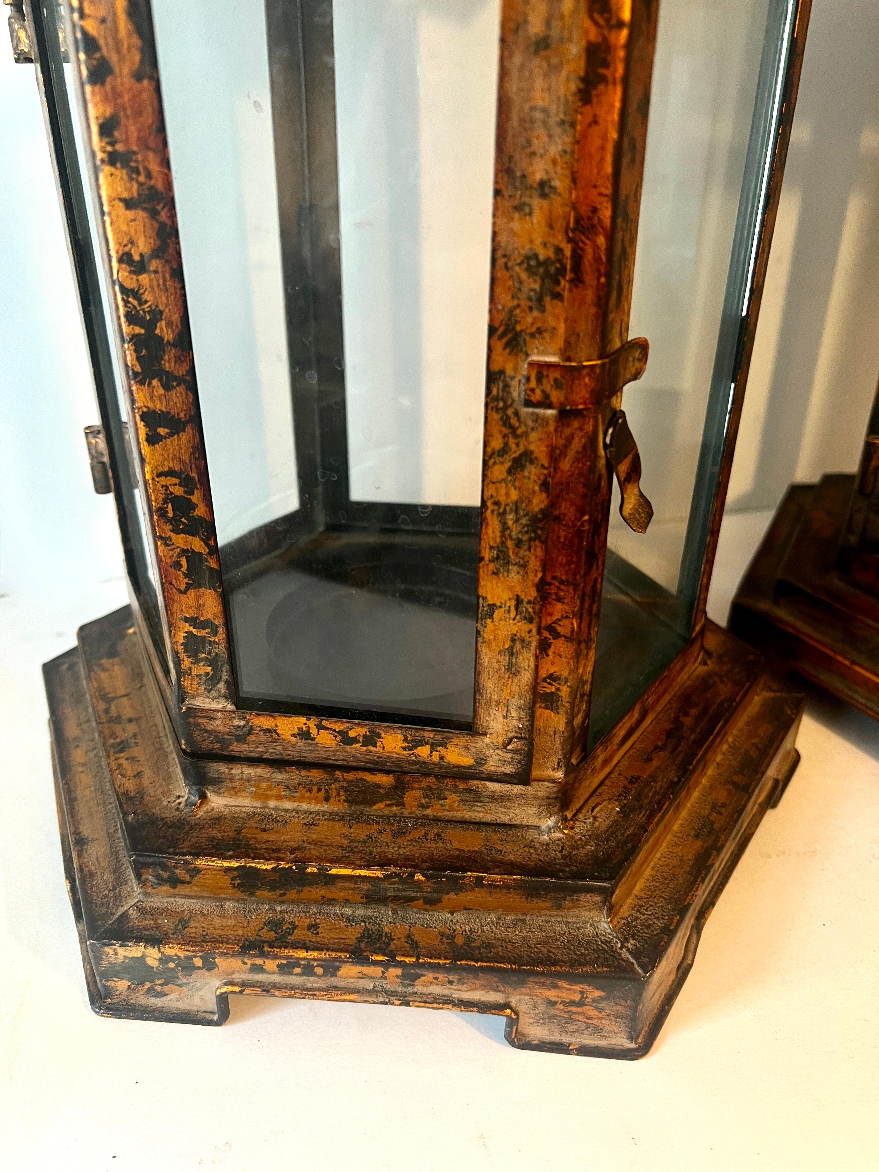 Asian Pair Copper Finish Metal Pagoda Lanterns