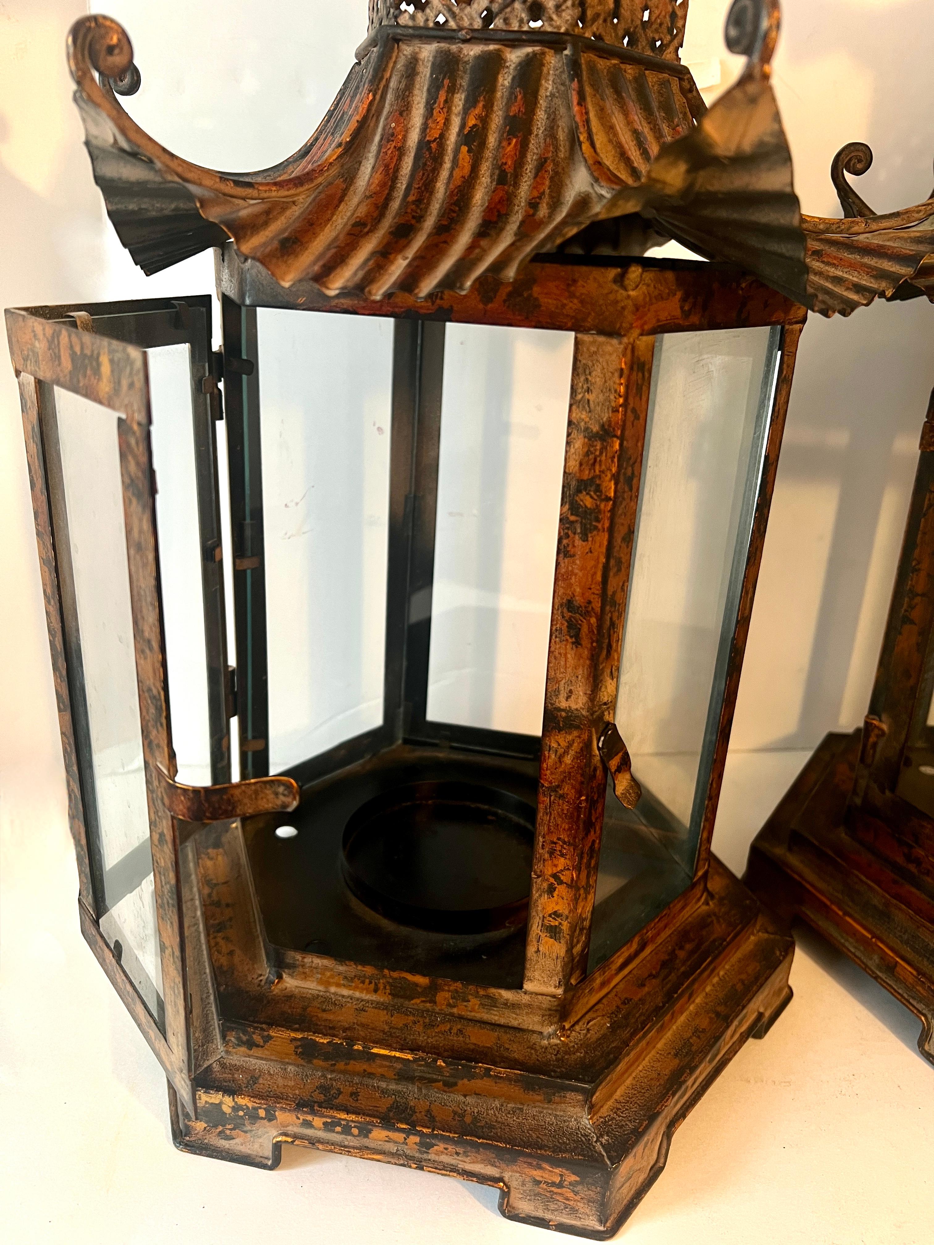 Patinated Pair Copper Finish Metal Pagoda Lanterns