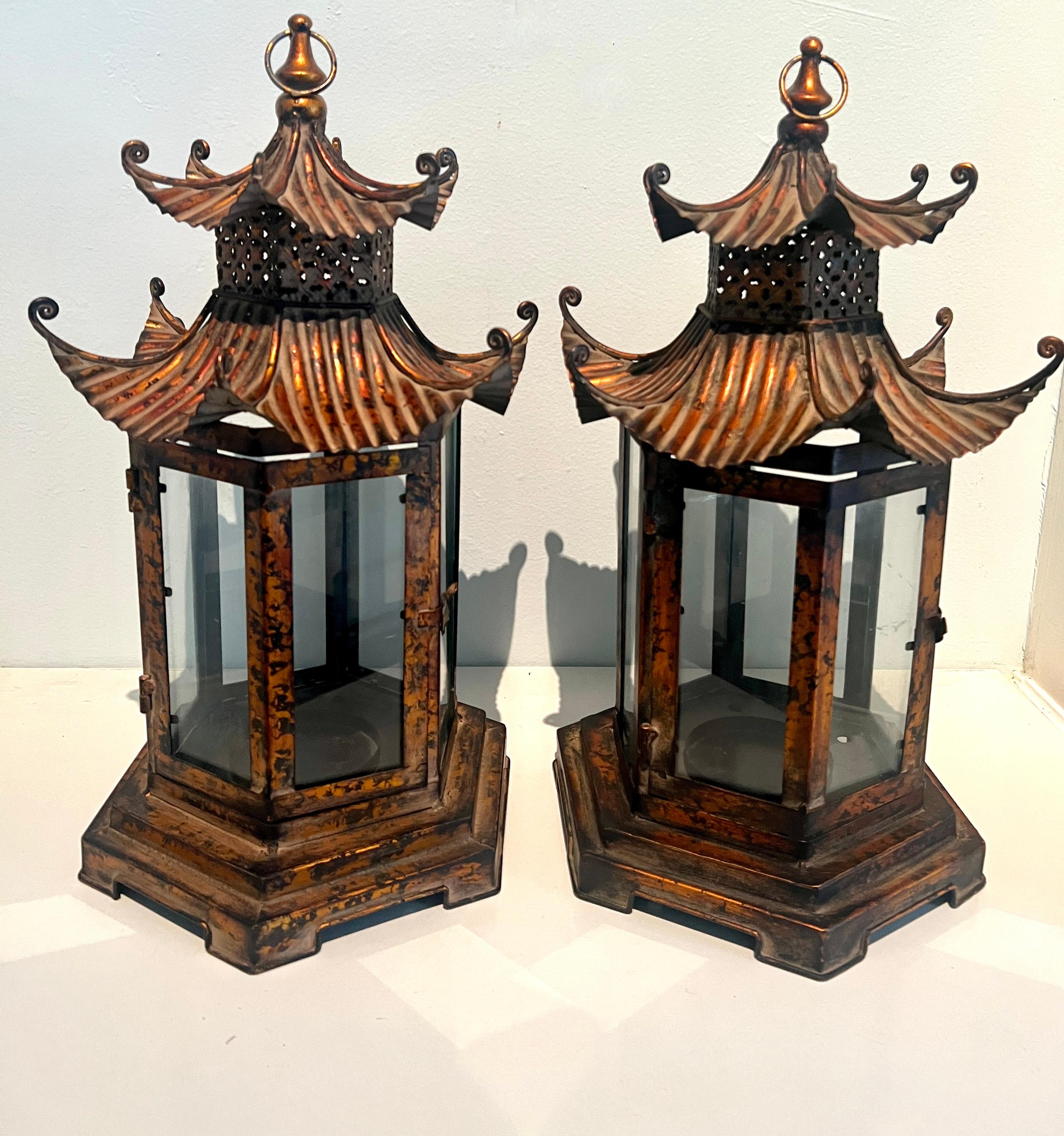 20th Century Pair Copper Finish Metal Pagoda Lanterns