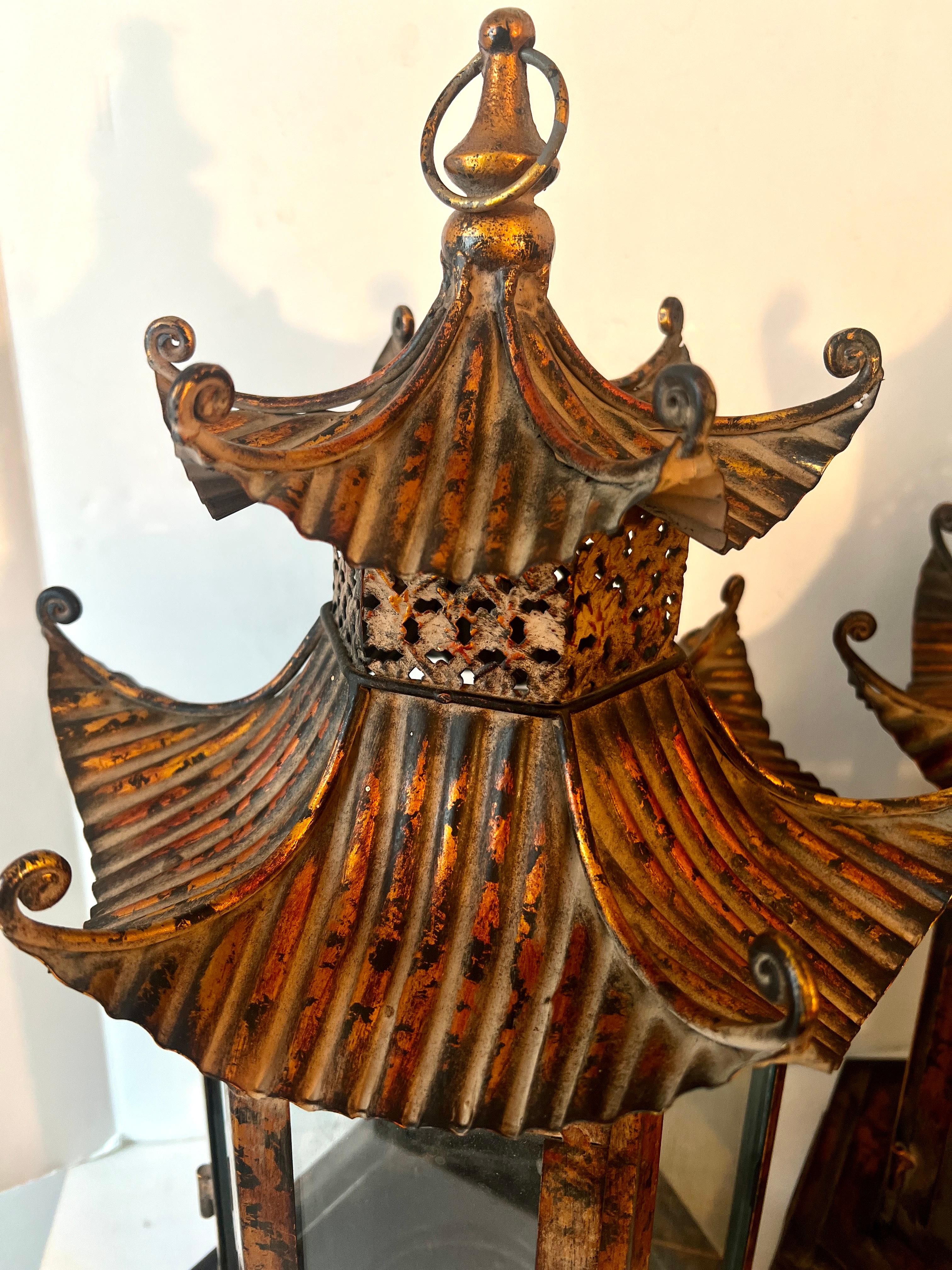 Pair Copper Finish Metal Pagoda Lanterns 1
