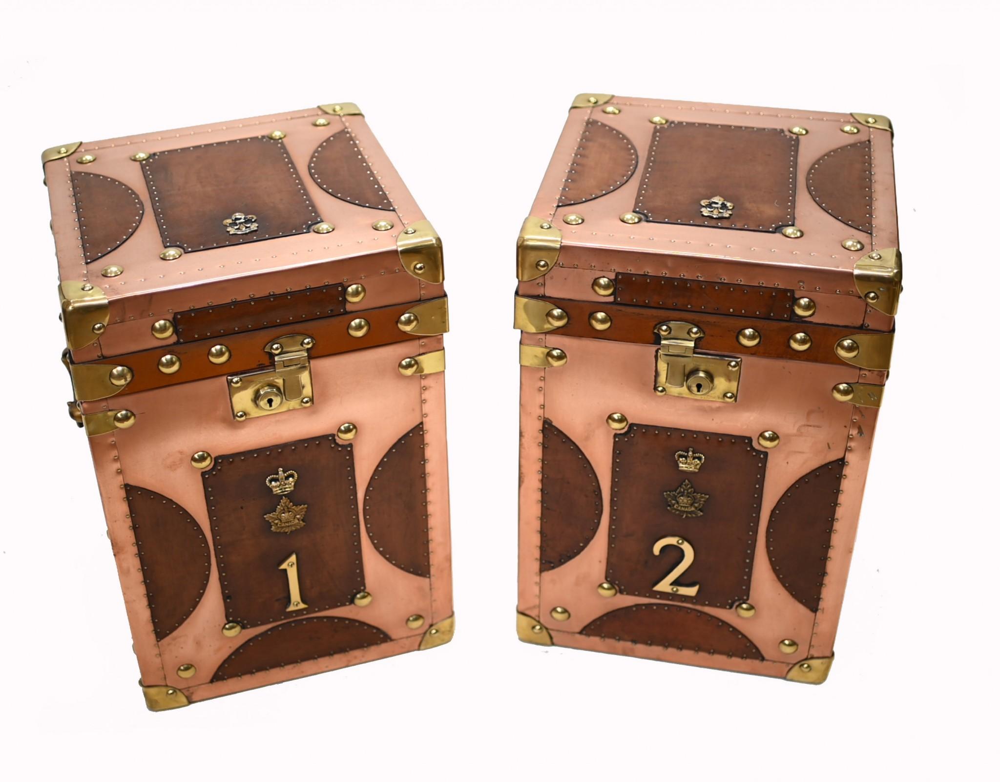 Other Pair Copper Luggage Chests Steamer Trunk Tables For Sale