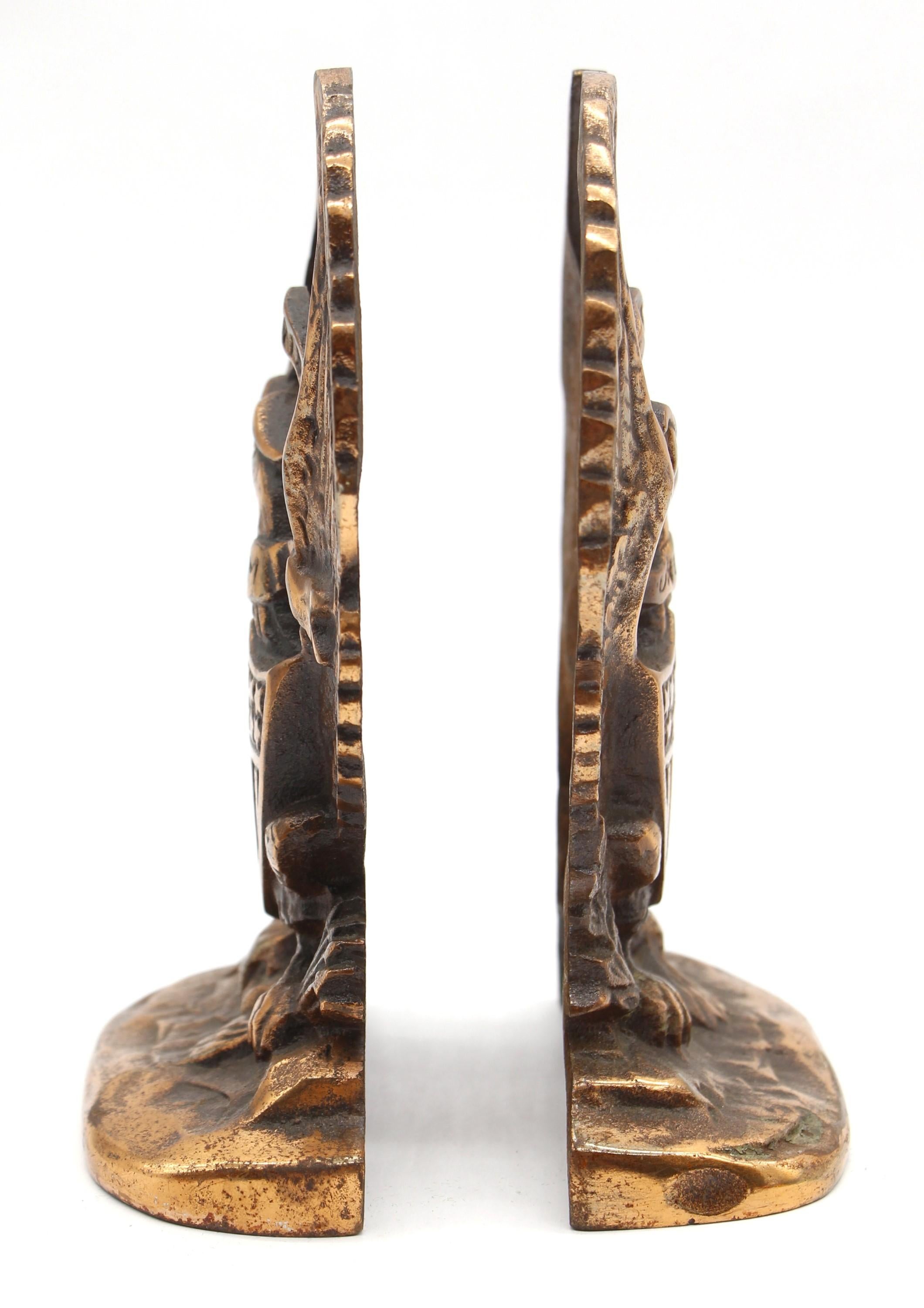 Pair Copper Washed Eagle Bookends Shield Wings Outstretched For Sale 2