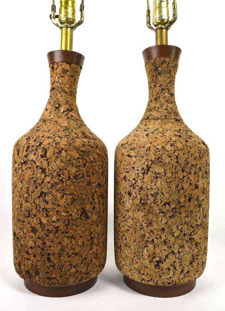 American Pair of Cork and Wood Table Lamps