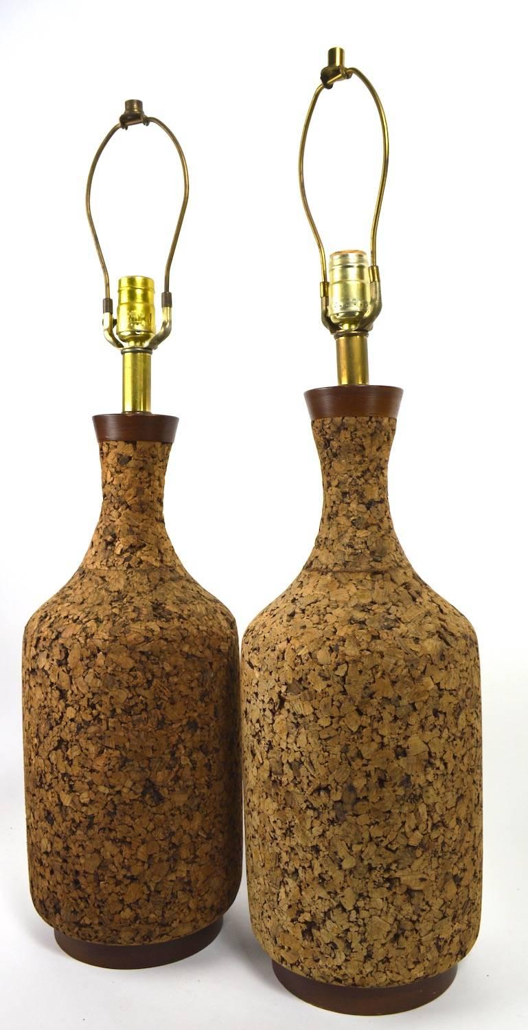 Pair of Cork and Wood Table Lamps In Good Condition In New York, NY
