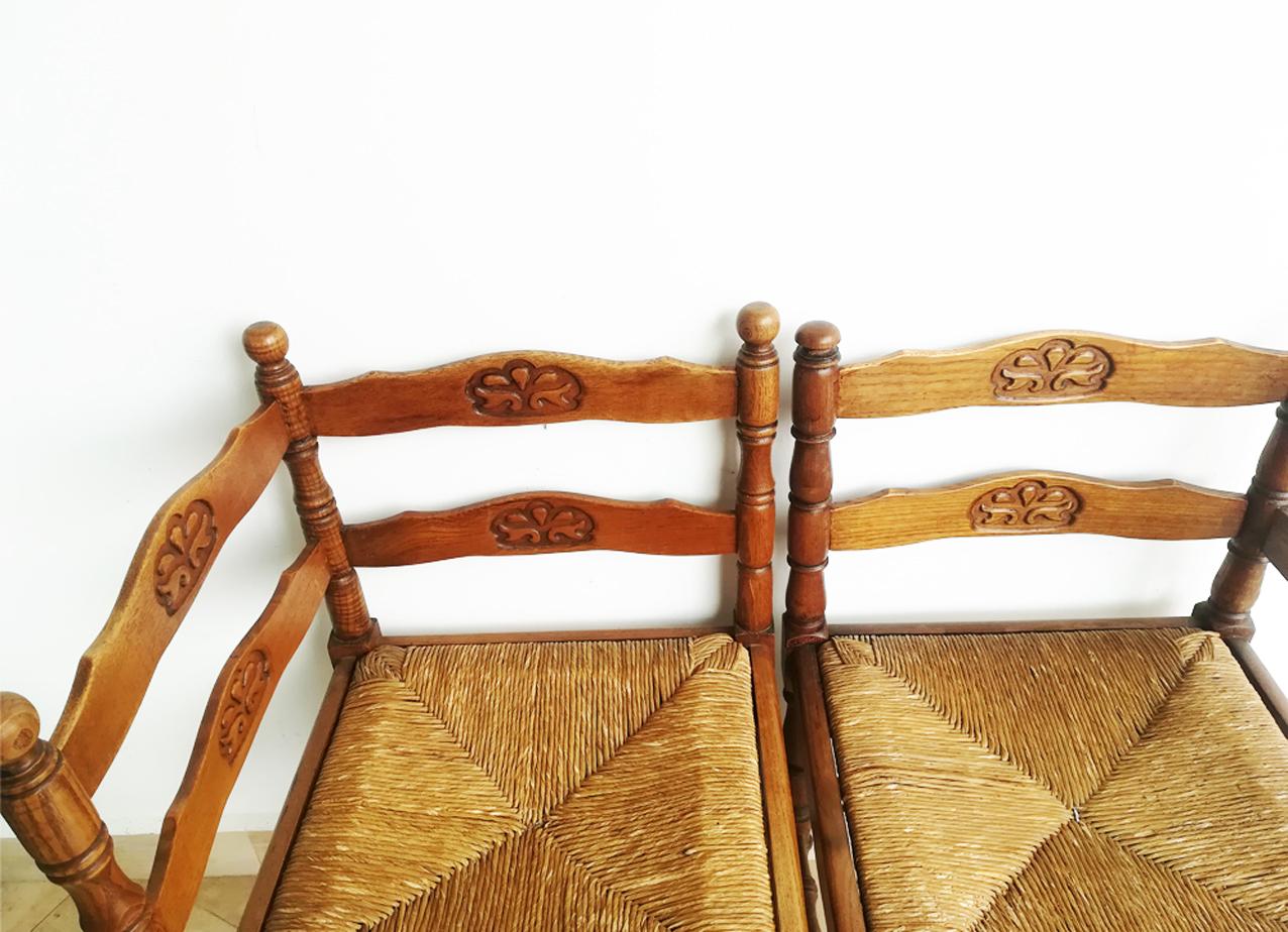 Pair of French Oak Corner Cattail Chairs or Fireplace Chairs, Early 20th Century 2