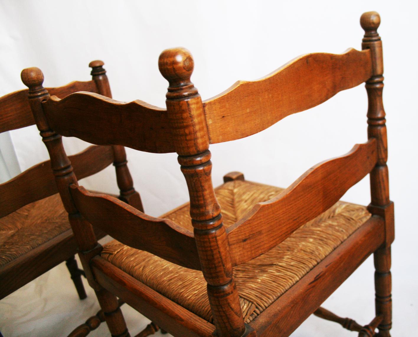 Rush Pair of French Oak Corner Cattail Chairs or Fireplace Chairs, Early 20th Century