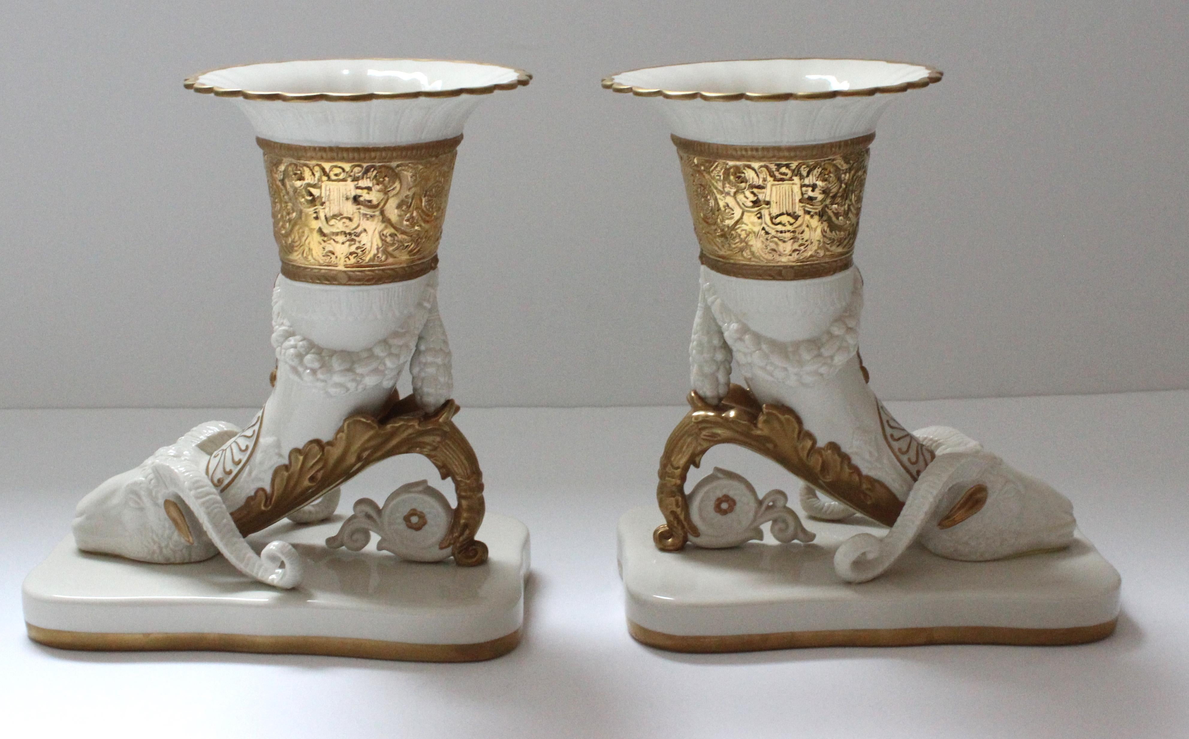 Vintage Porcelaine d'arte Agostinelli Vases Cornucopia Form with Ram's Head in Gilded Porcelain - a Pair - from a Palm Beach estate.