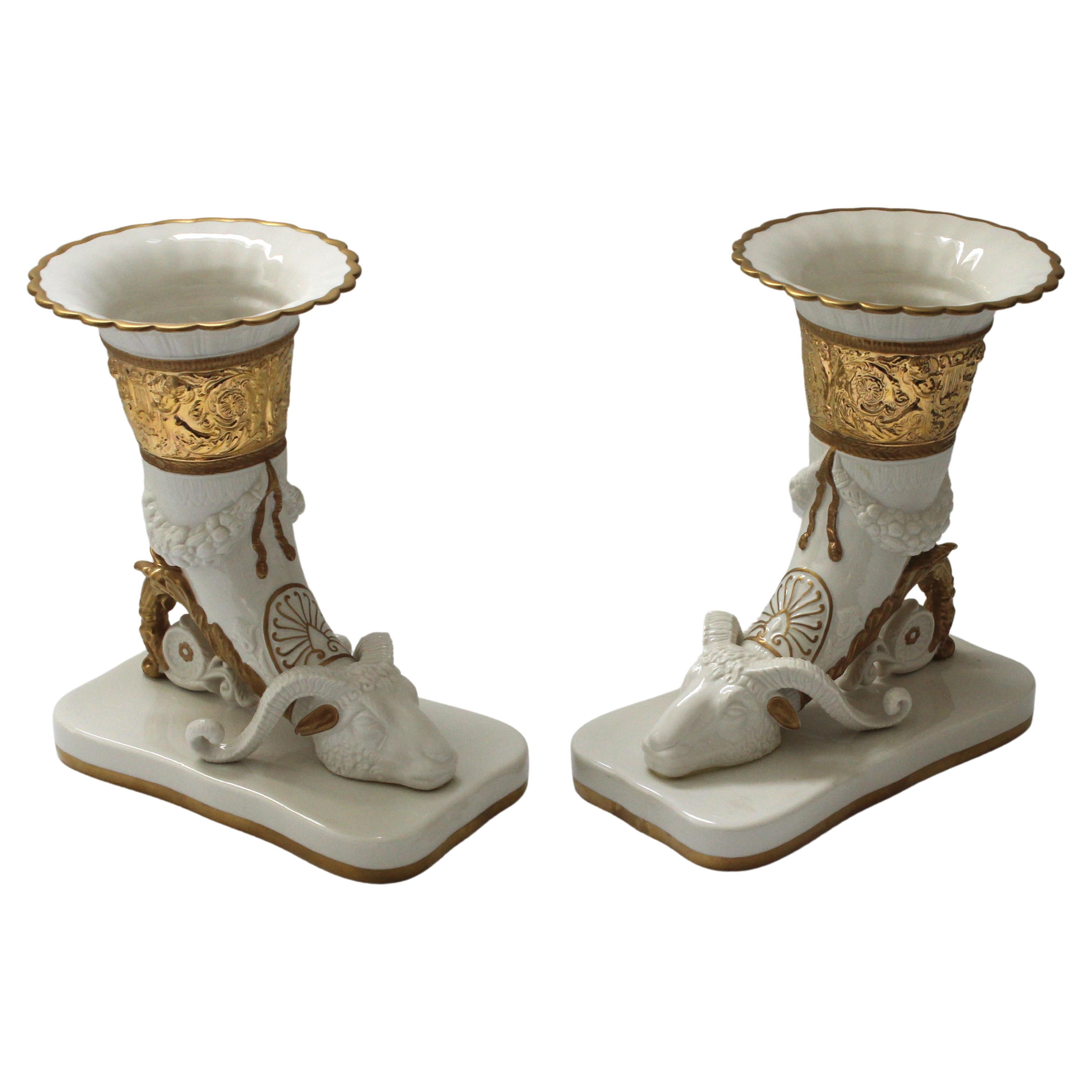 Neoclassical Pair Cornucopia Vases Agostinelli Porcelaine d