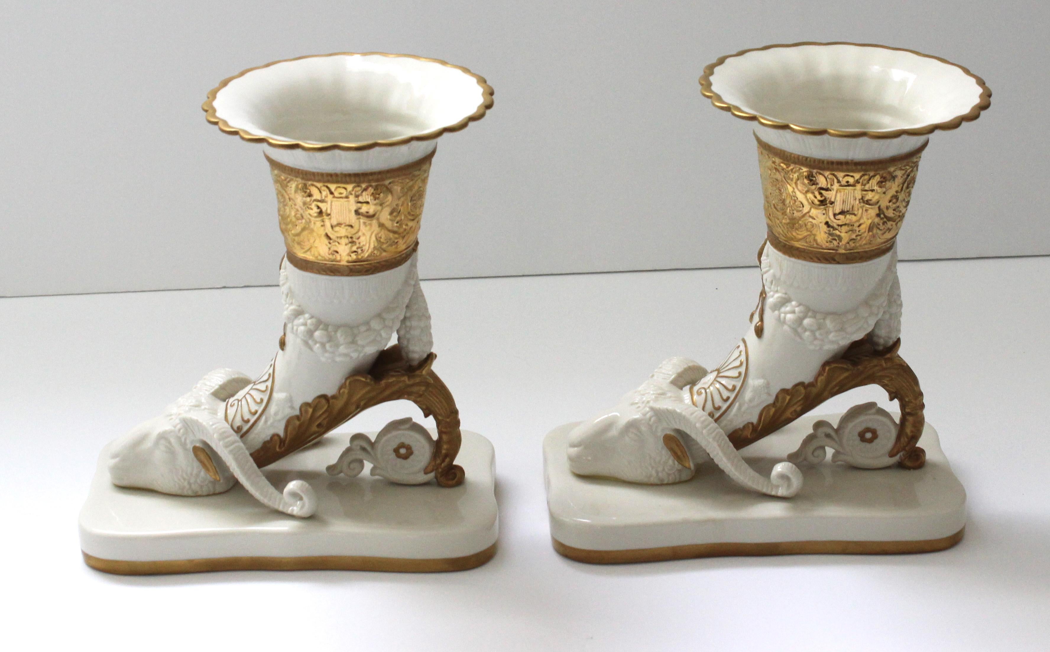 Gilt Pair Cornucopia Vases Agostinelli Porcelaine d