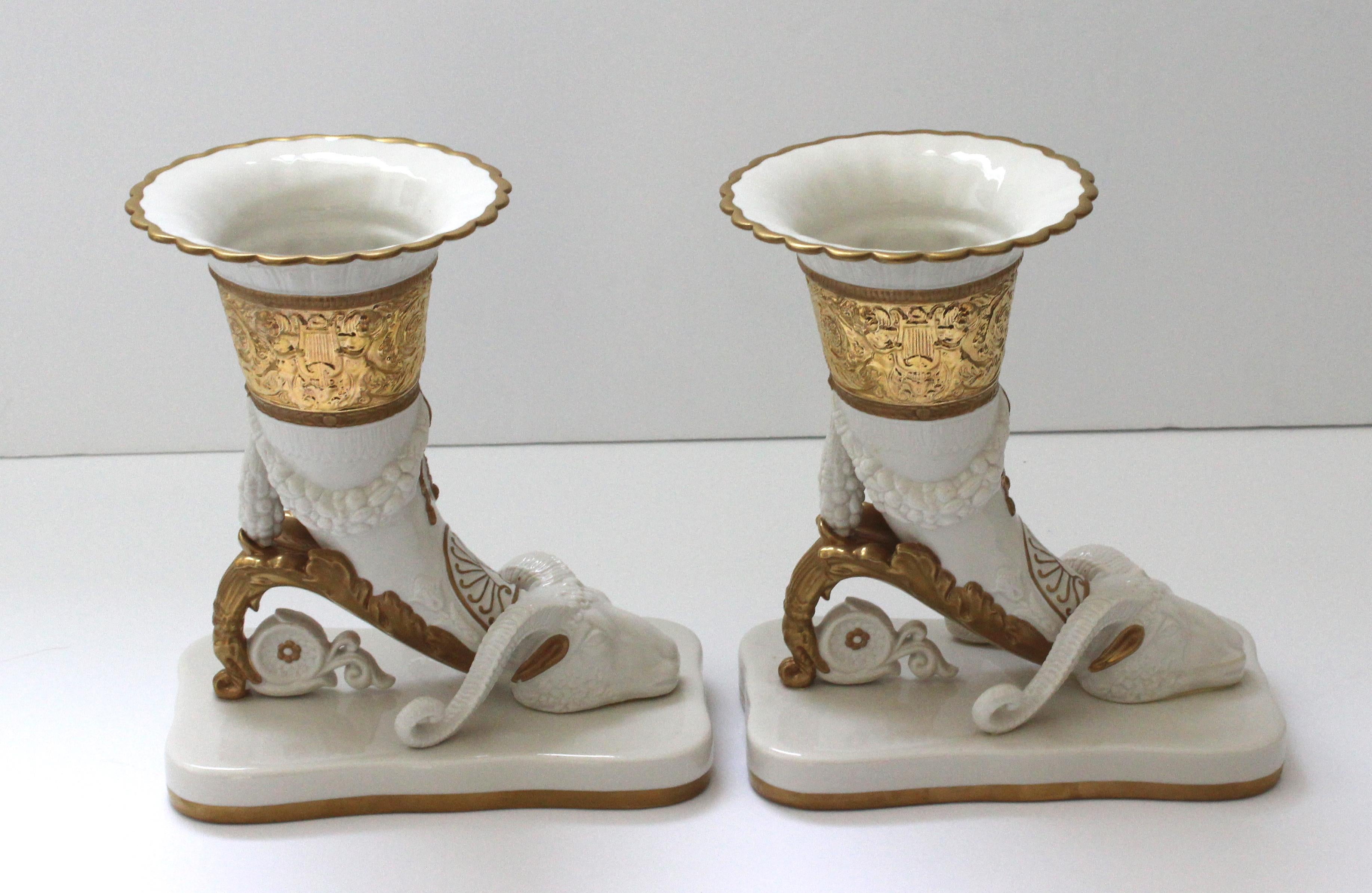Late 20th Century Pair Cornucopia Vases Agostinelli Porcelaine d
