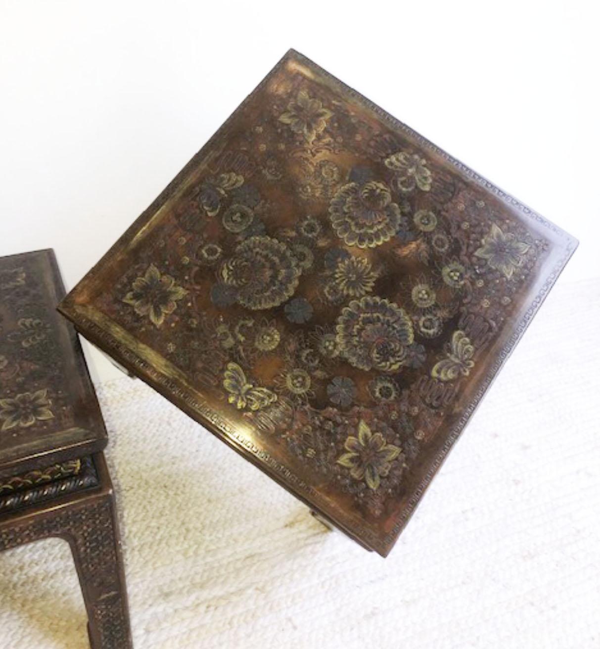 Pair Coromandel Incised Butterfly Asian style side tables by John Widdicomb
This pair is decorative Chinese style end tables with a butterfly and floral design. Great colors. Overall good condition. Wear consistent with age. Signed underside with