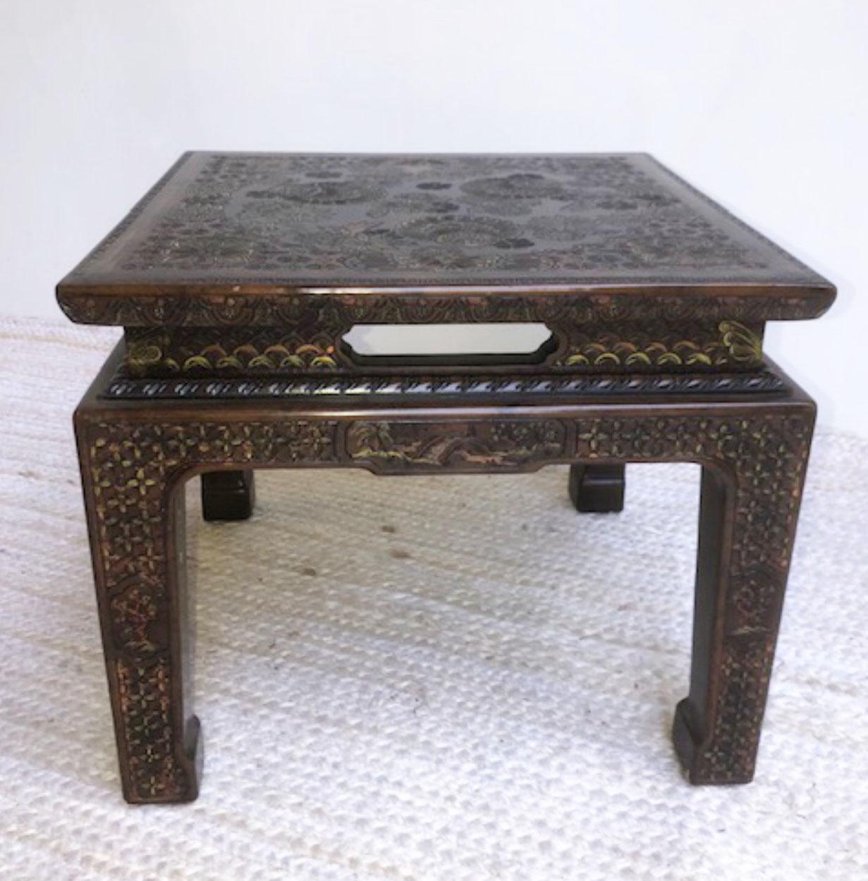 Pair Coromandel Incised Butterfly Asian Style Side Tables by John Widdicomb 1