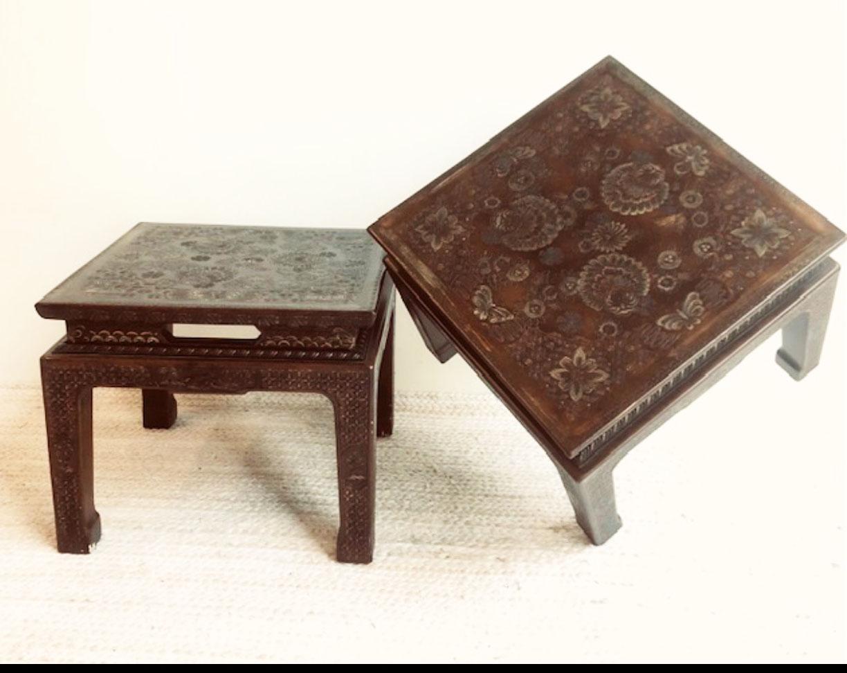 Pair Coromandel Incised Butterfly Asian Style Side Tables by John Widdicomb 2