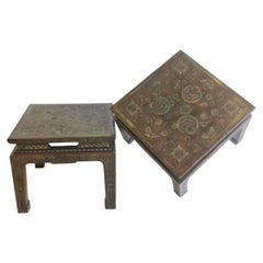 Pair Coromandel Incised Butterfly Asian Style Side Tables by John Widdicomb