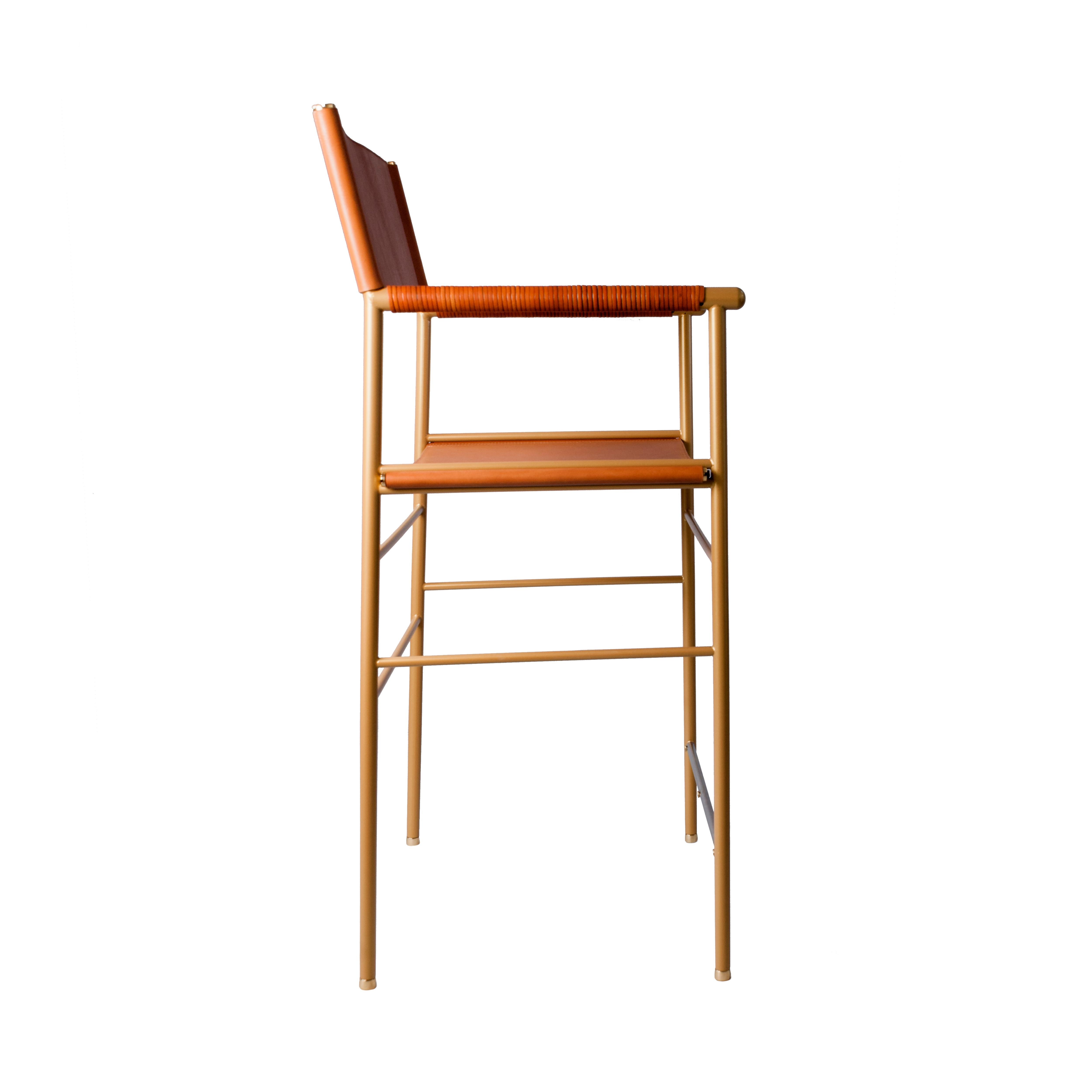Modern Pair Counter Bar Stool w. Backrest - Tan Leather & Aged Brass Powder Coated For Sale