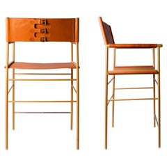Pair Counter Bar Stool w. Backrest - Tan Leather & Aged Brass Powder Coated
