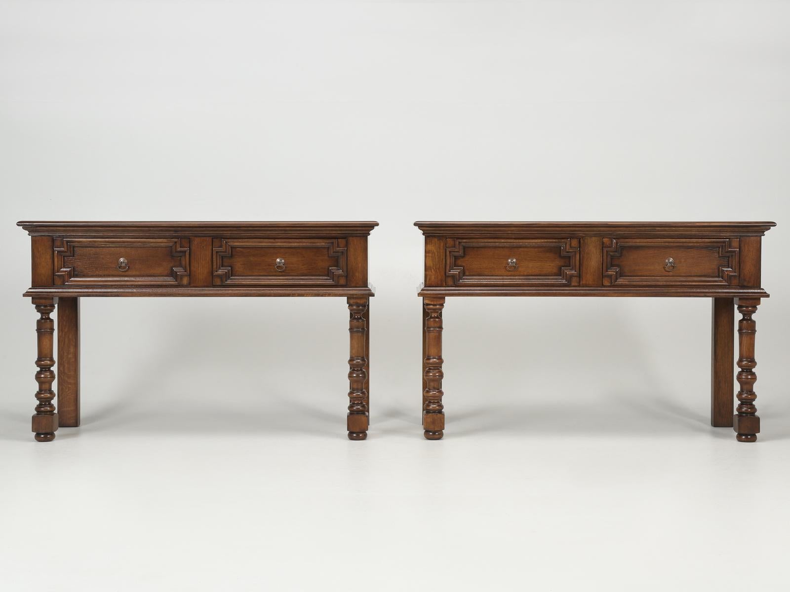 Pair of custom-made English console tables that are available in any dimension. The pair of console tables were constructed in the style of William & Mary (1700-1725). Our Old Plank English style console tables are made in house or either new