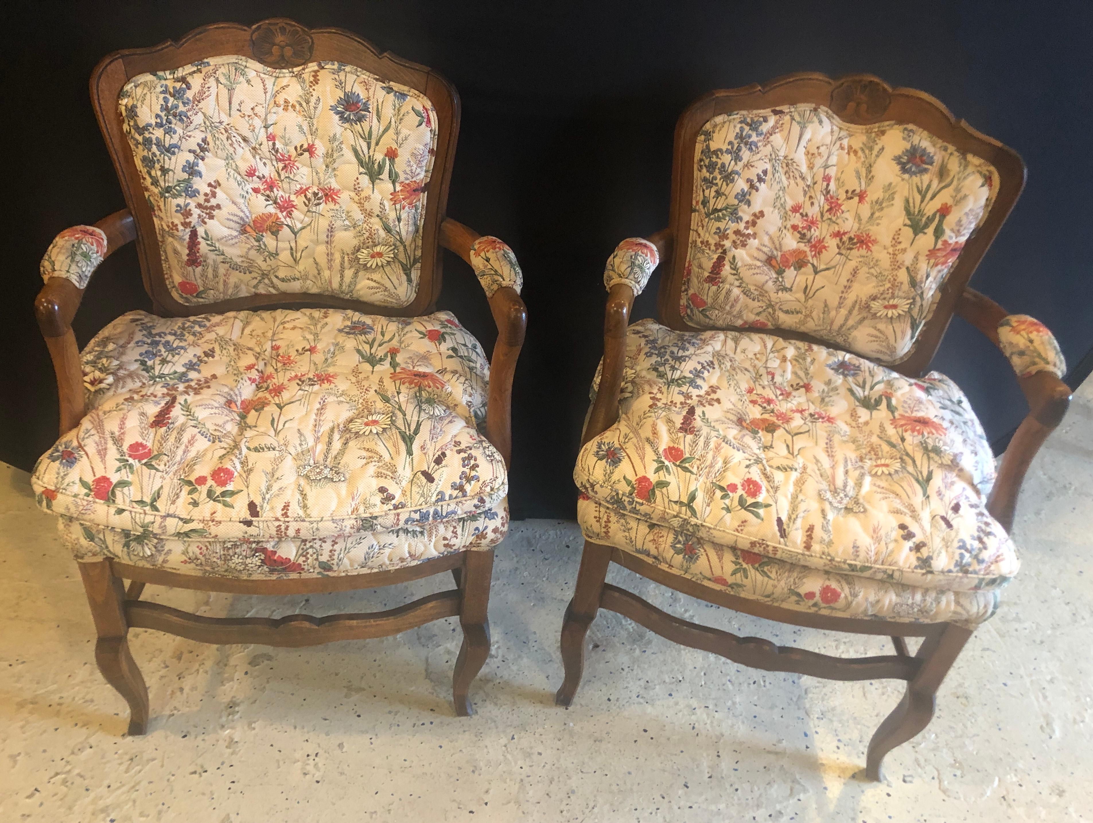 French Provincial Country French Boudoir Fauteuil Louis XV Chairs in Quilted like Upholstery, pair