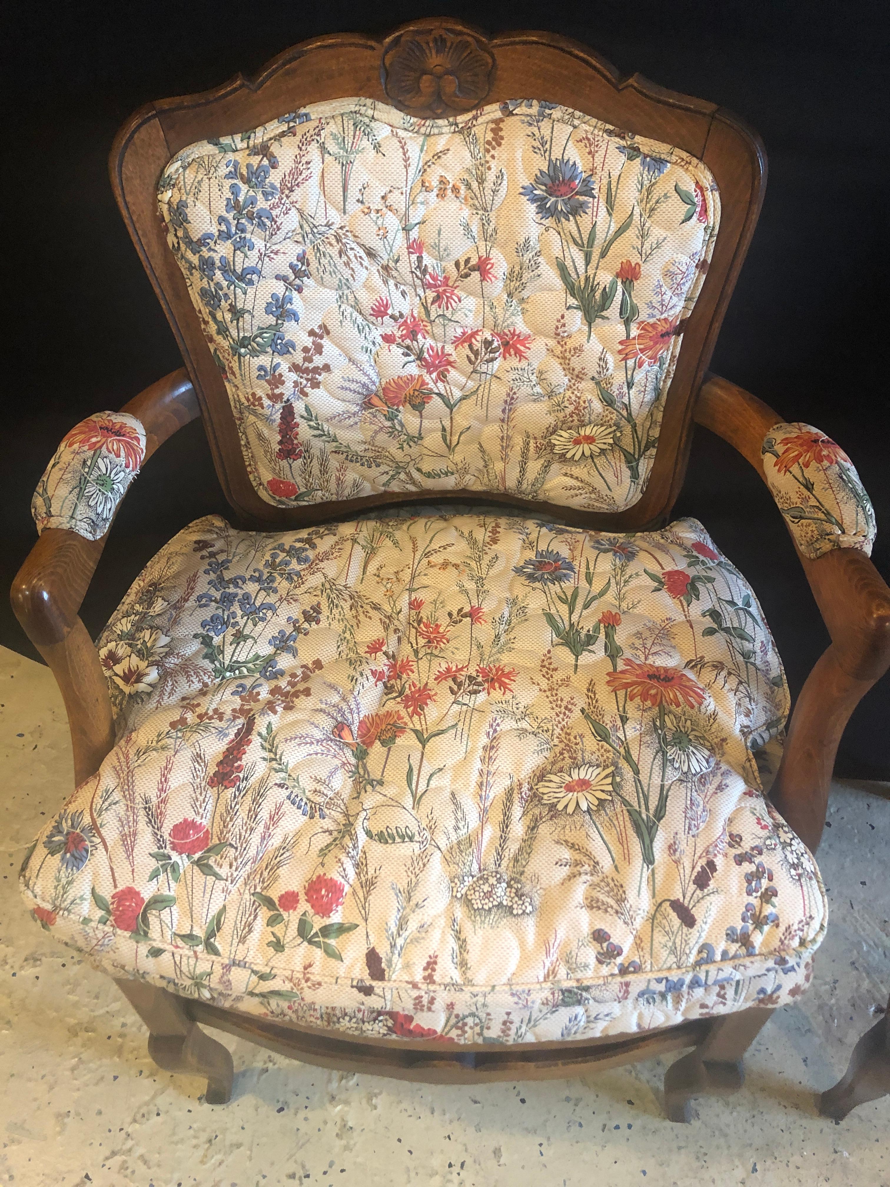 Country French Boudoir Fauteuil Louis XV Chairs in Quilted like Upholstery, pair In Good Condition In Stamford, CT